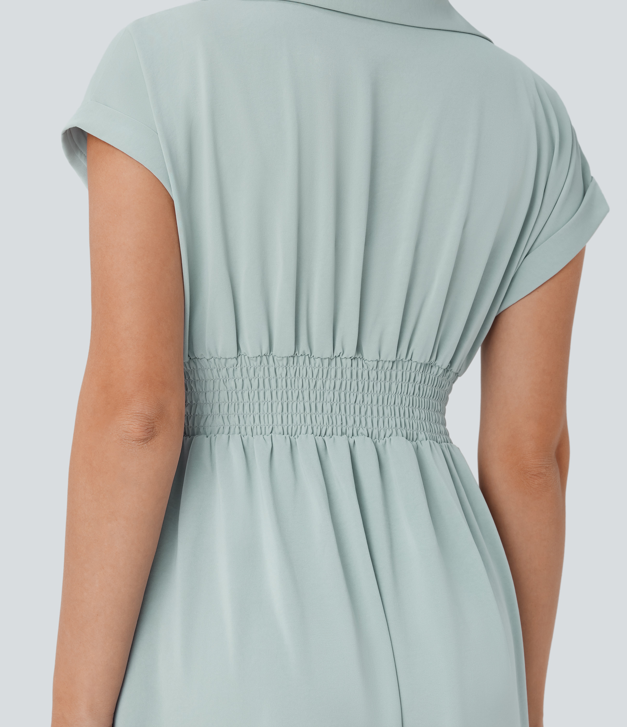 Halara Collared V Neck Short Sleeve Twisted Side Pocket Button Midi Casual Dress Casual Dress - Sky Gray - S slip dress beach dress 