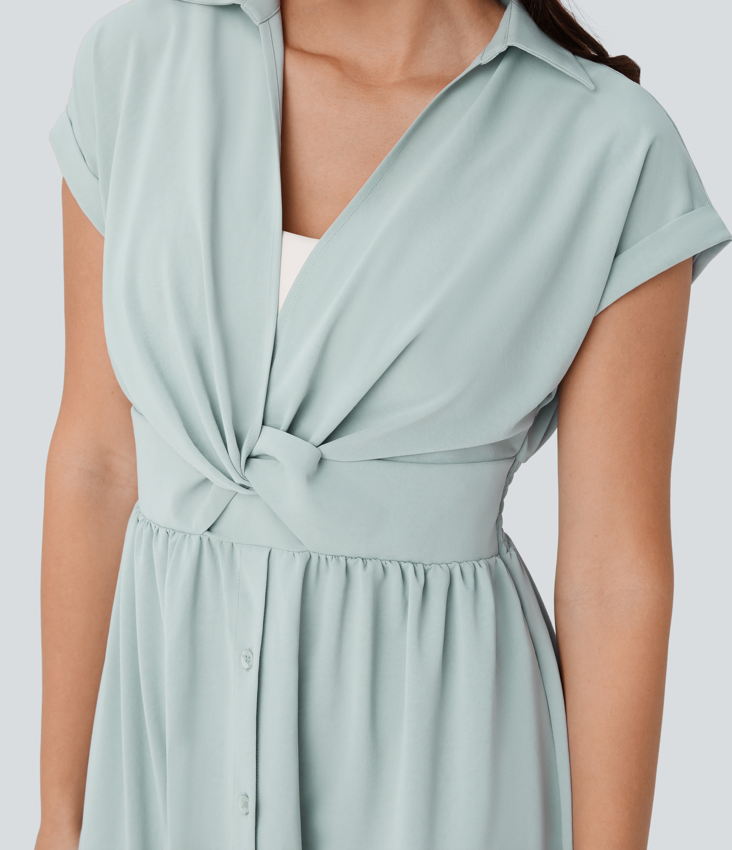 Halara Collared V Neck Short Sleeve Twisted Side Pocket Button Midi Casual Dress Casual Dress - Sky Gray - S slip dress beach dress 