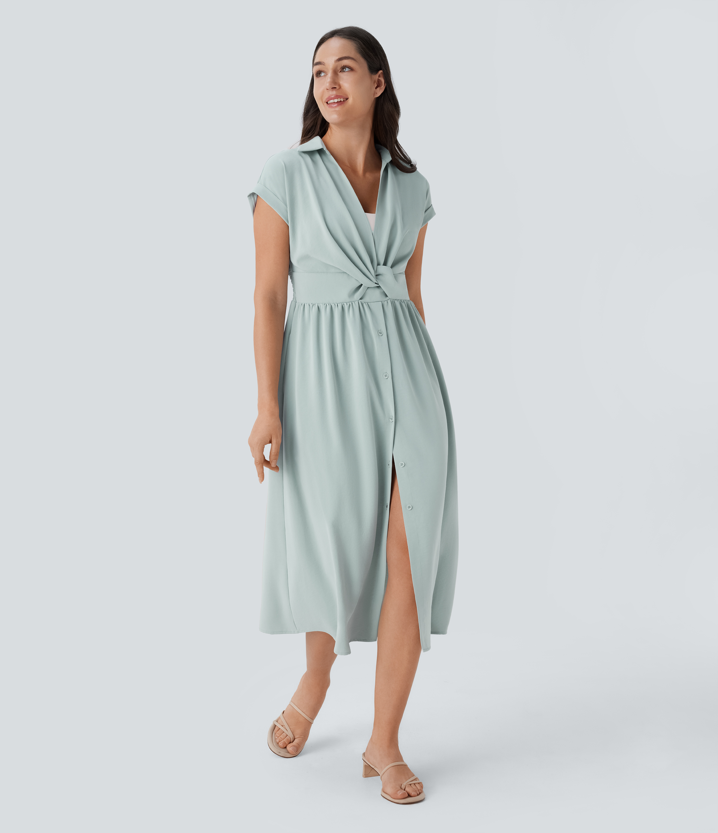 Halara Collared V Neck Short Sleeve Twisted Side Pocket Button Midi Casual Dress Casual Dress - Sky Gray - S slip dress beach dress 