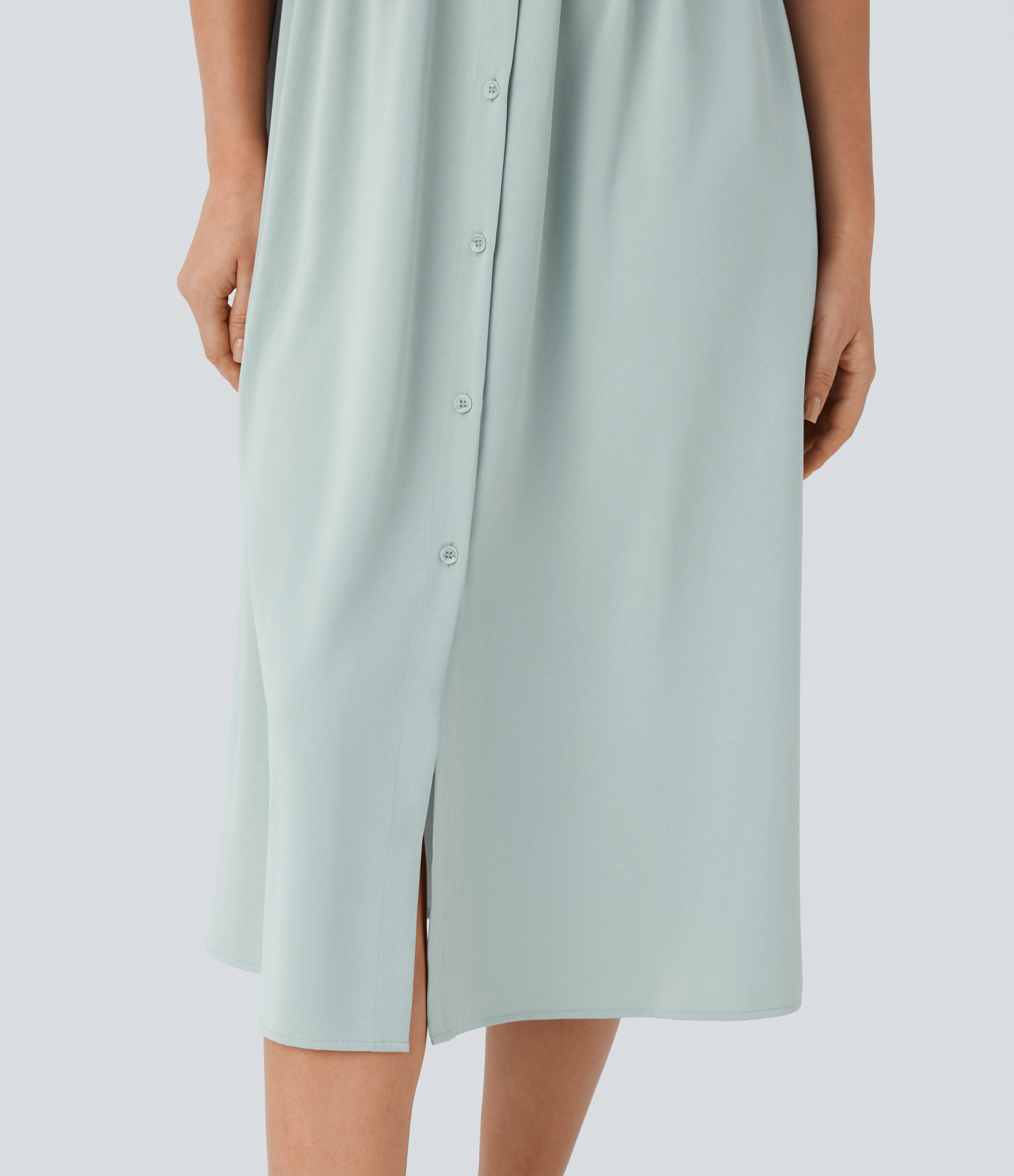 Halara Collared V Neck Short Sleeve Twisted Side Pocket Button Midi Casual Dress Casual Dress - Sky Gray - S slip dress beach dress 