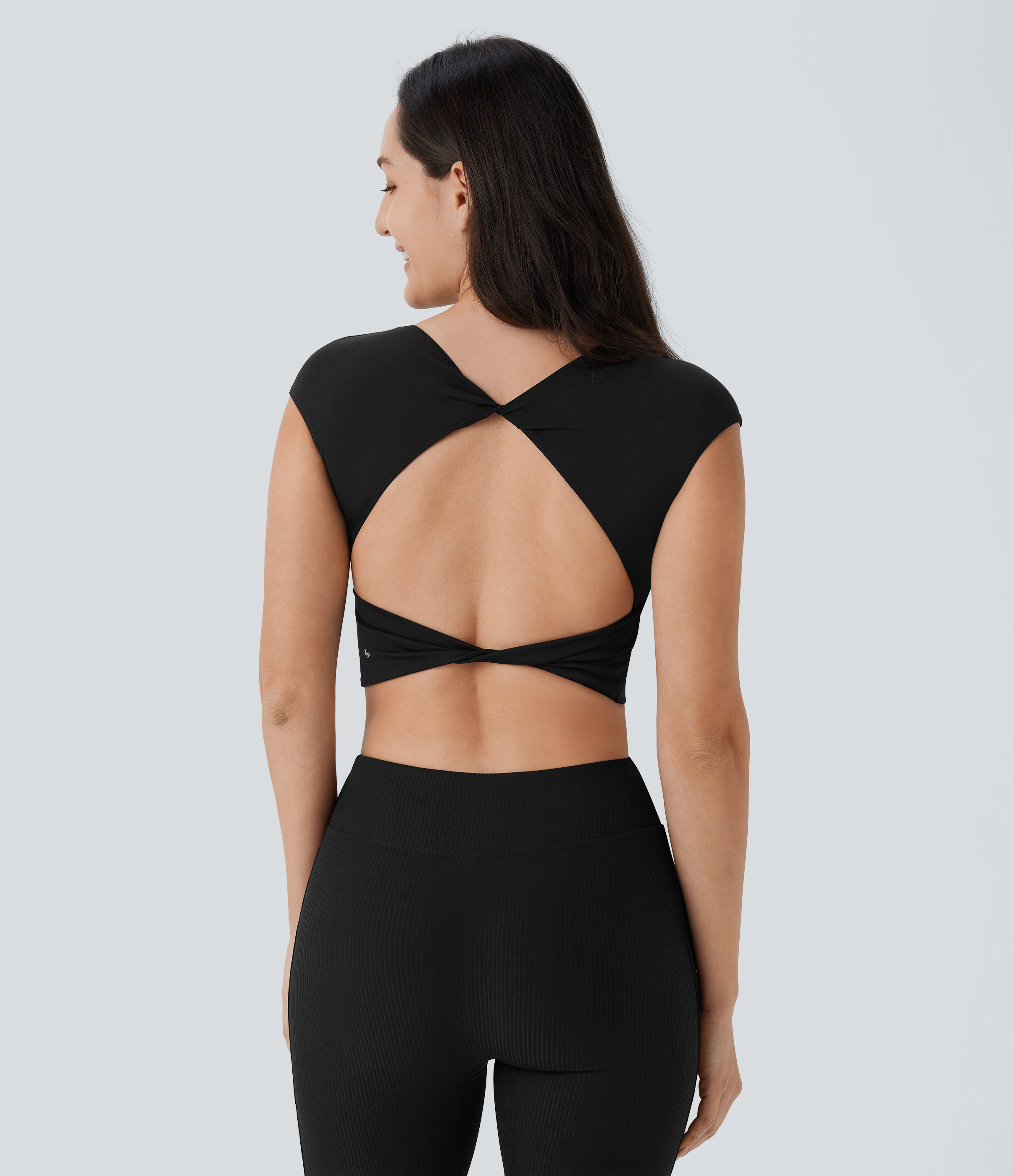 Halara Softlyzeroв„ў Airy Backless Twisted Cap Sleeve Skinny Cropped Cool Touch Yoga Tank Top Tank Top - Black - L golf tops halter top 