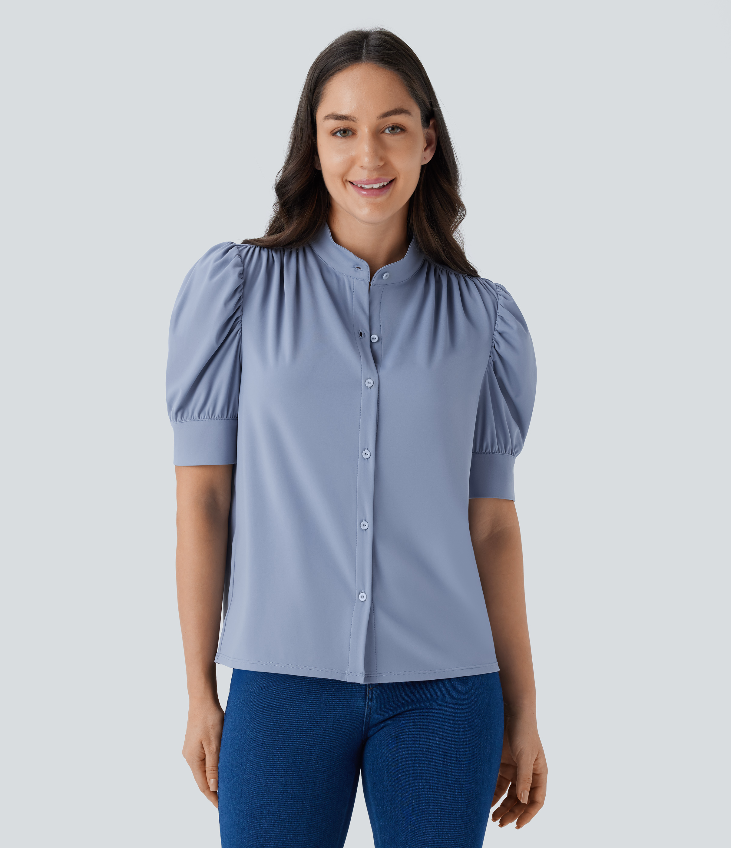 Halara Softlyzeroв„ў Airy Stand Collar Puff Half Sleeve Button Cool Touch Casual Blouse  - Snowflake Blue - S 