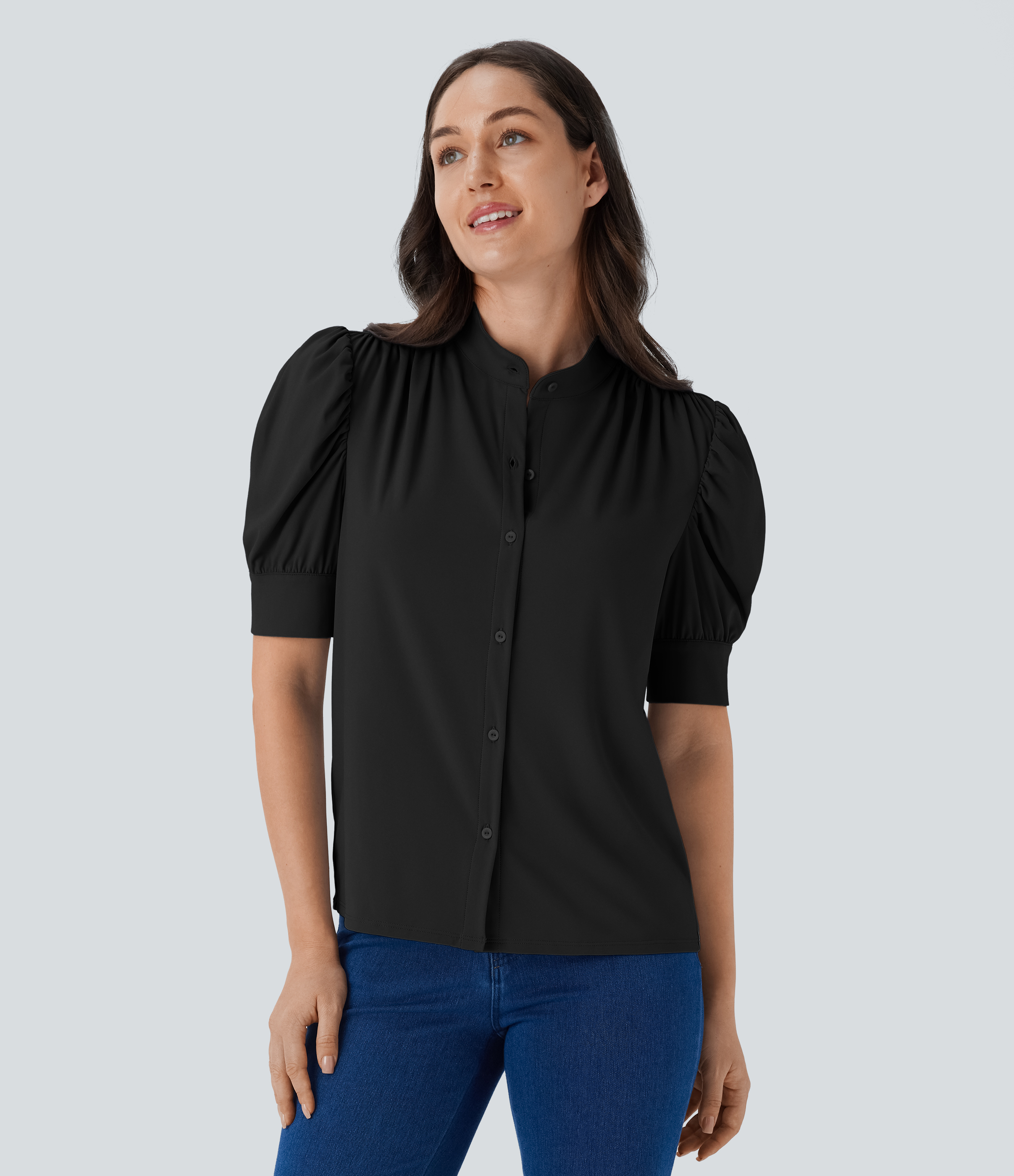 Halara Softlyzeroв„ў Airy Stand Collar Puff Half Sleeve Button Cool Touch Casual Blouse  - Black - L 
