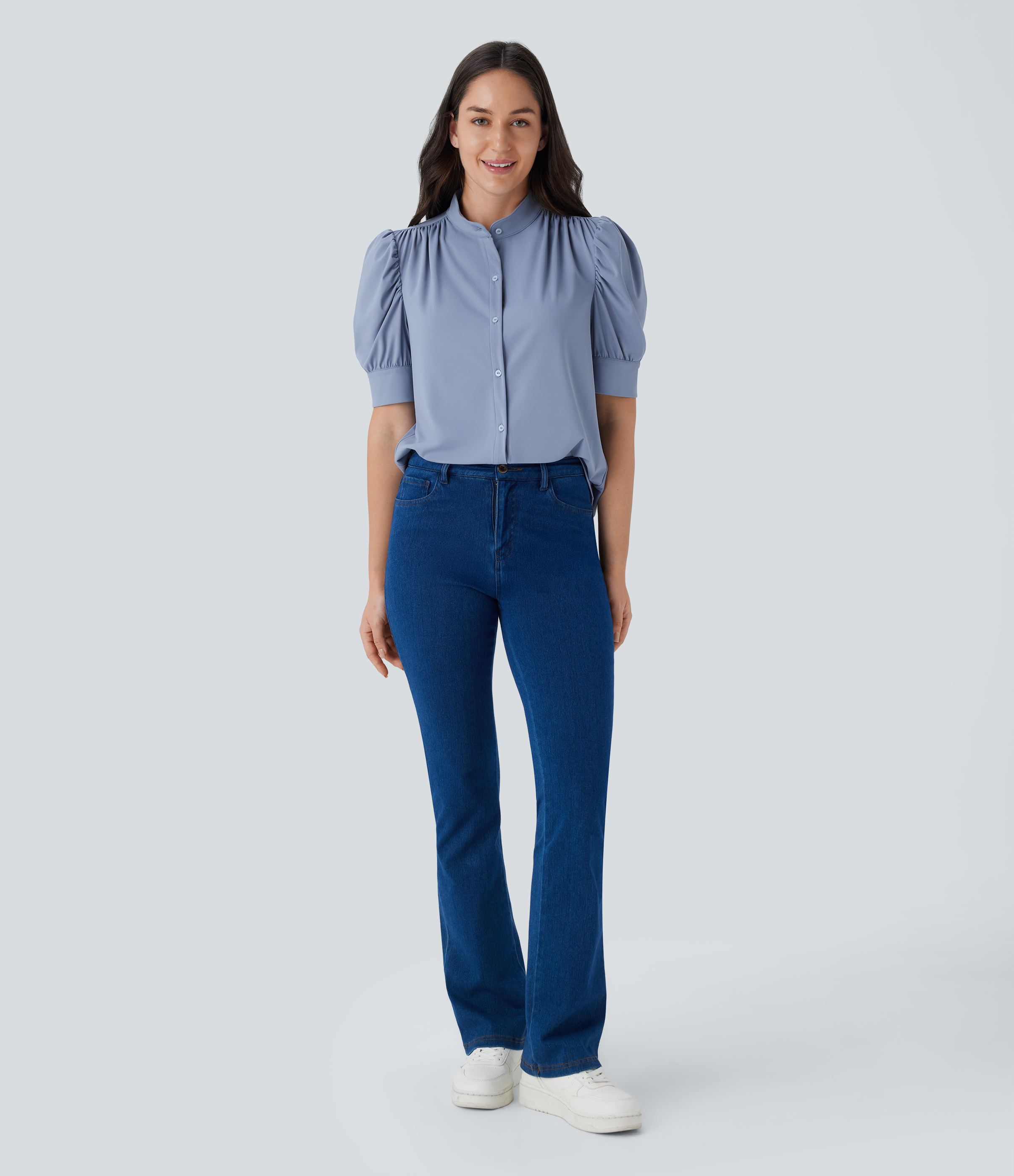 Halara Softlyzeroв„ў Airy Stand Collar Puff Half Sleeve Button Cool Touch Casual Blouse  - Snowflake Blue - S 