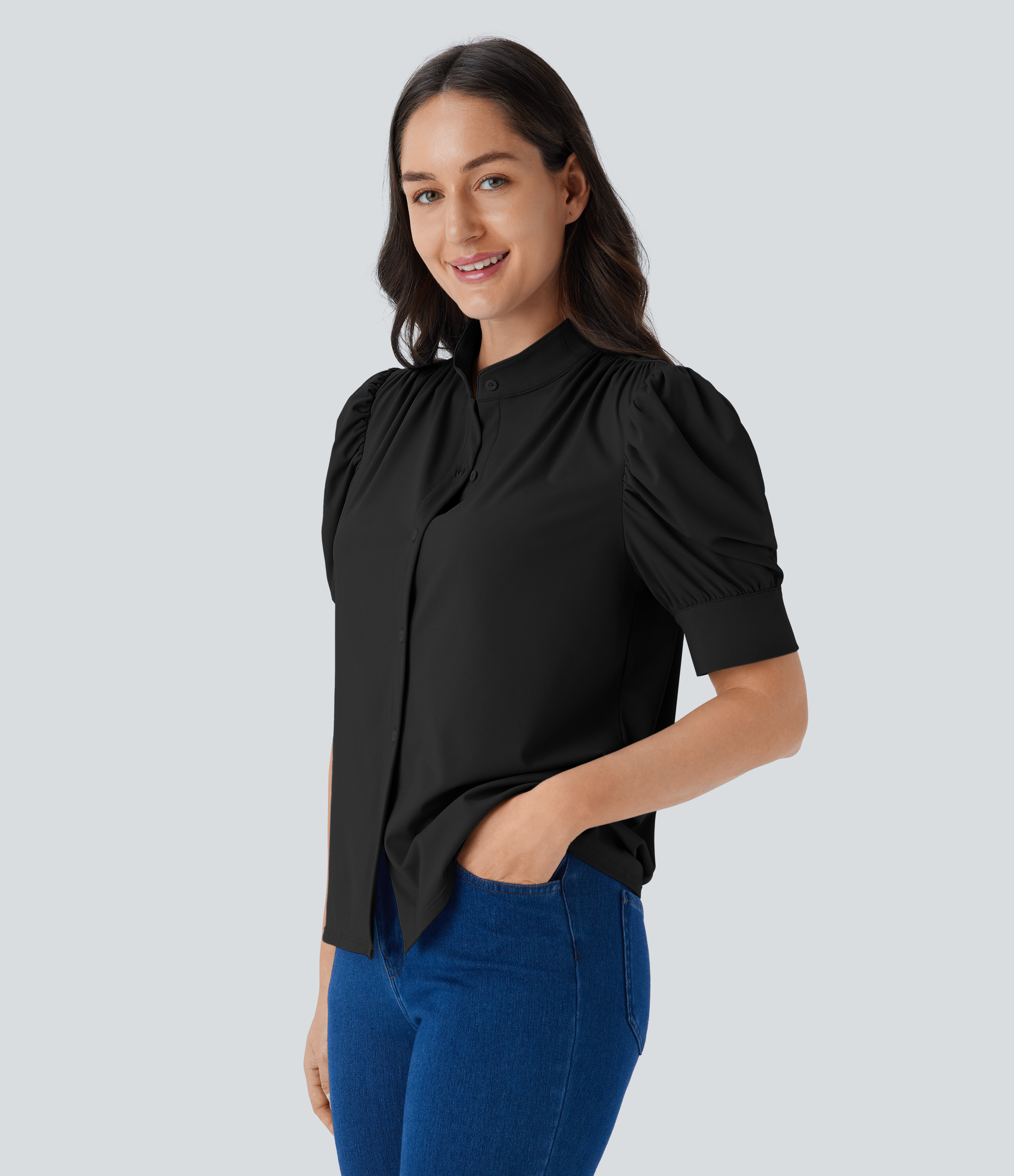Halara Softlyzeroв„ў Airy Stand Collar Puff Half Sleeve Button Cool Touch Casual Blouse  - Black - L 