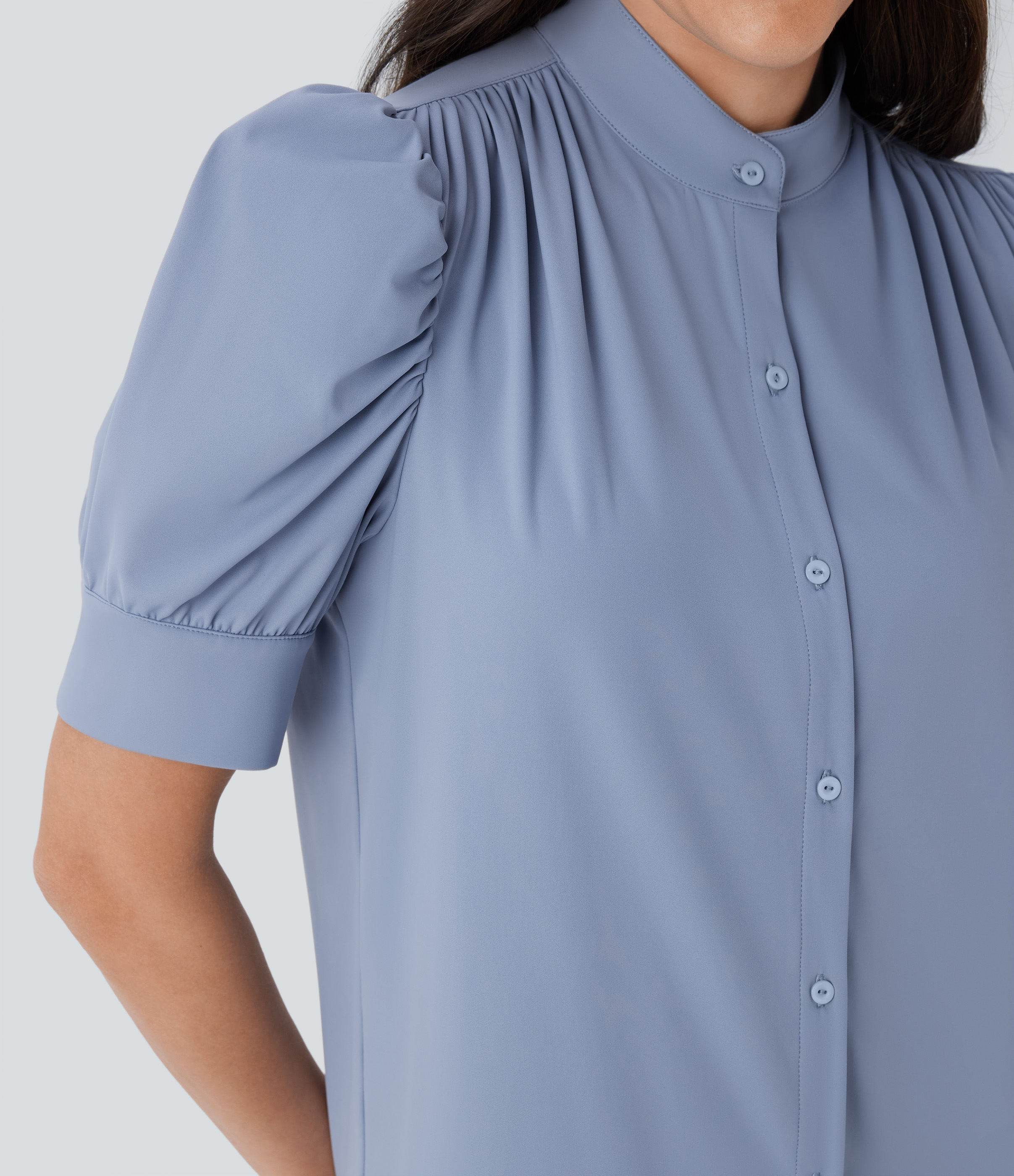 Halara Softlyzeroв„ў Airy Stand Collar Puff Half Sleeve Button Cool Touch Casual Blouse  - Snowflake Blue - S 