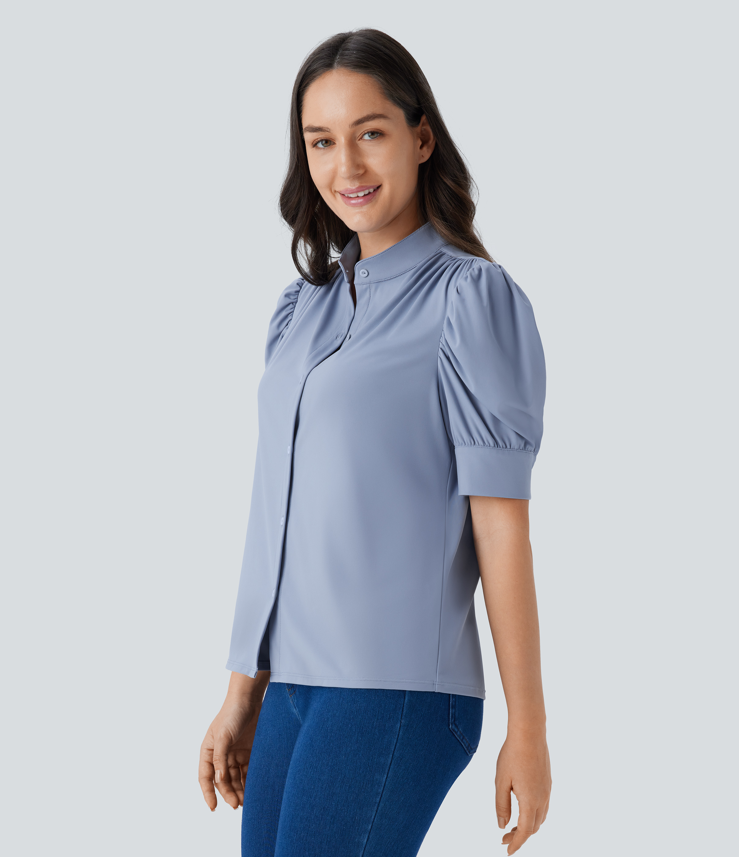 Halara Softlyzeroв„ў Airy Stand Collar Puff Half Sleeve Button Cool Touch Casual Blouse  - Snowflake Blue - S 