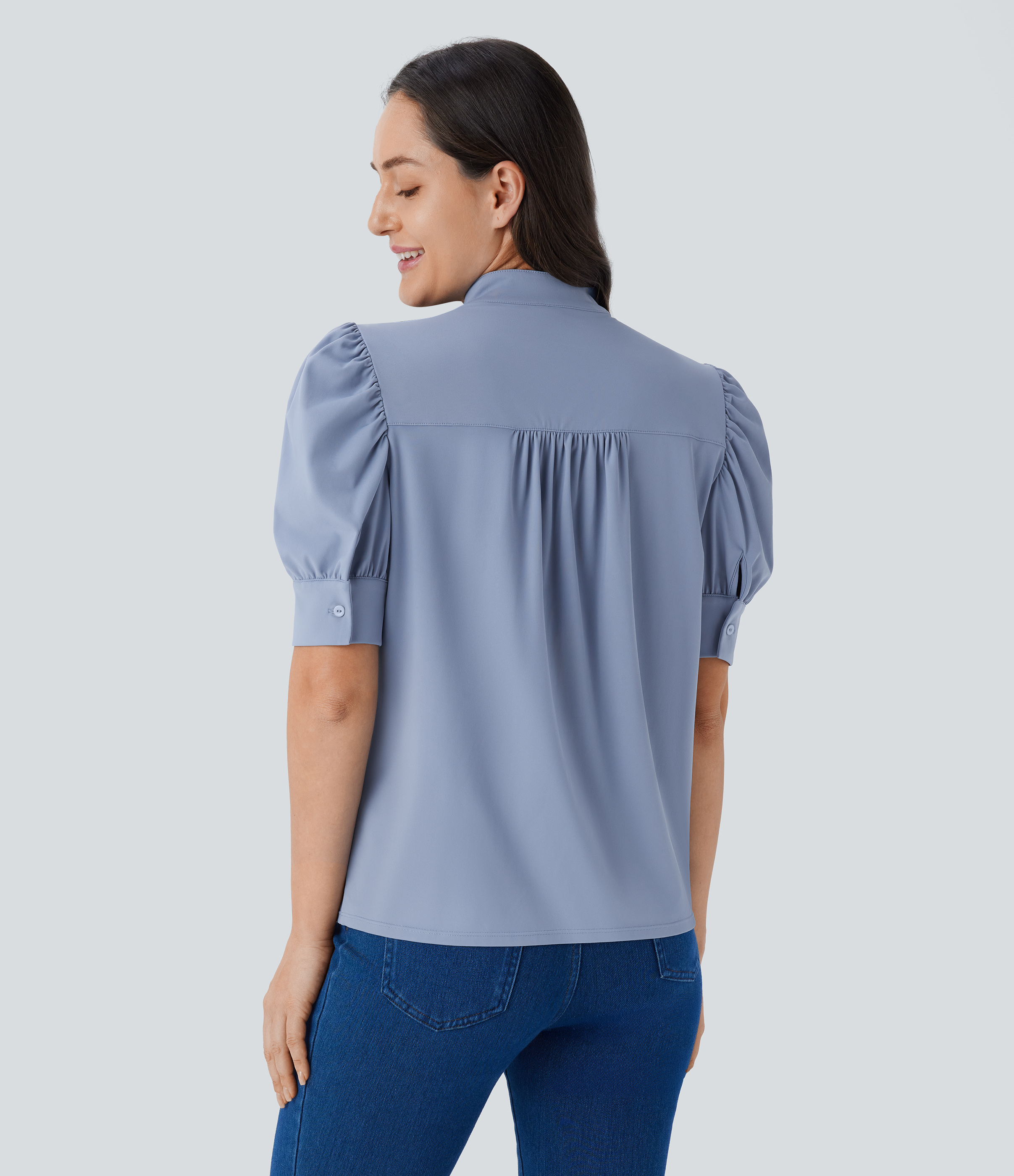 Halara Softlyzeroв„ў Airy Stand Collar Puff Half Sleeve Button Cool Touch Casual Blouse  - Snowflake Blue - S 