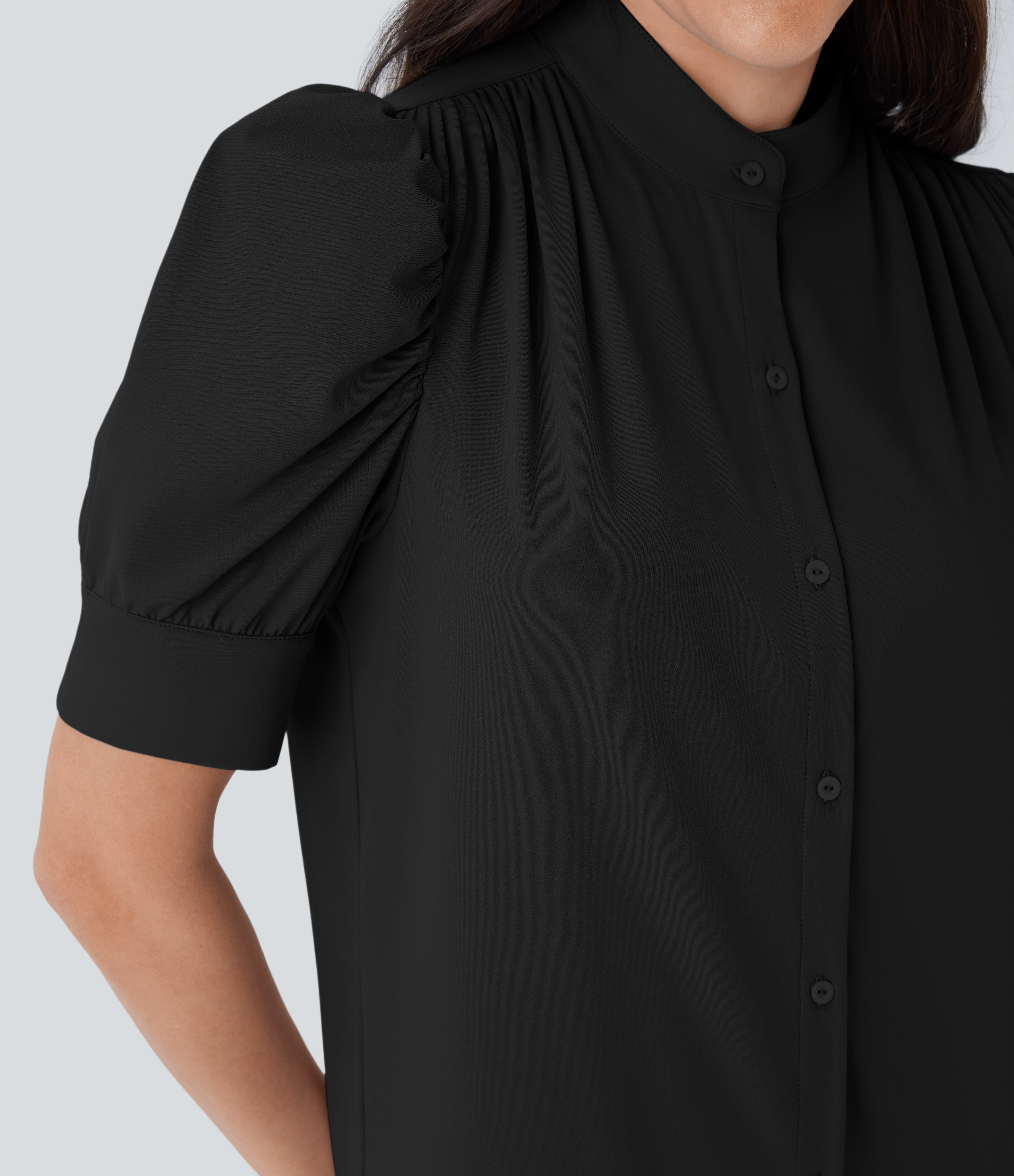 Halara Softlyzeroв„ў Airy Stand Collar Puff Half Sleeve Button Cool Touch Casual Blouse  - Black - L 