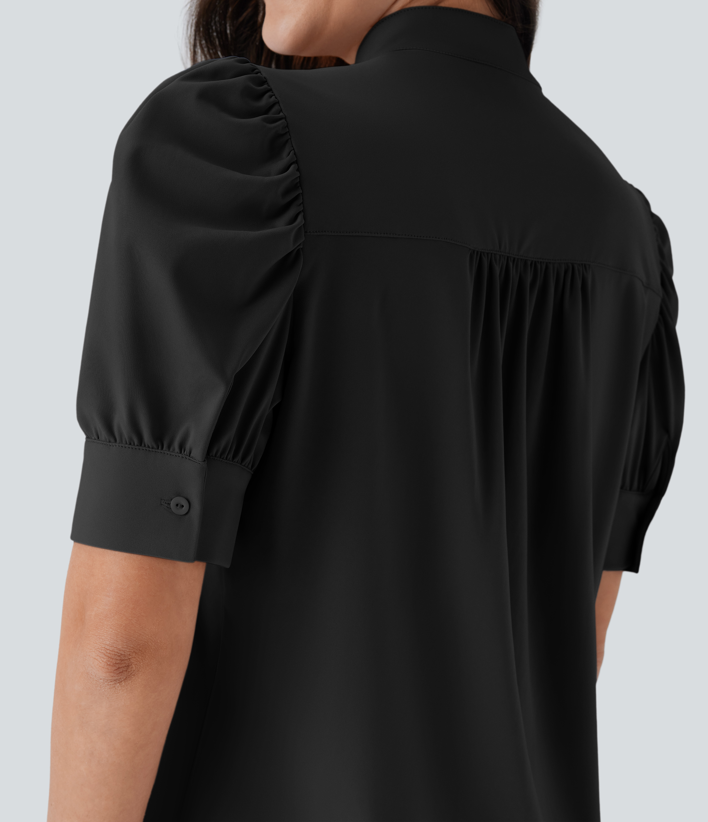 Halara Softlyzeroв„ў Airy Stand Collar Puff Half Sleeve Button Cool Touch Casual Blouse  - Black - L 