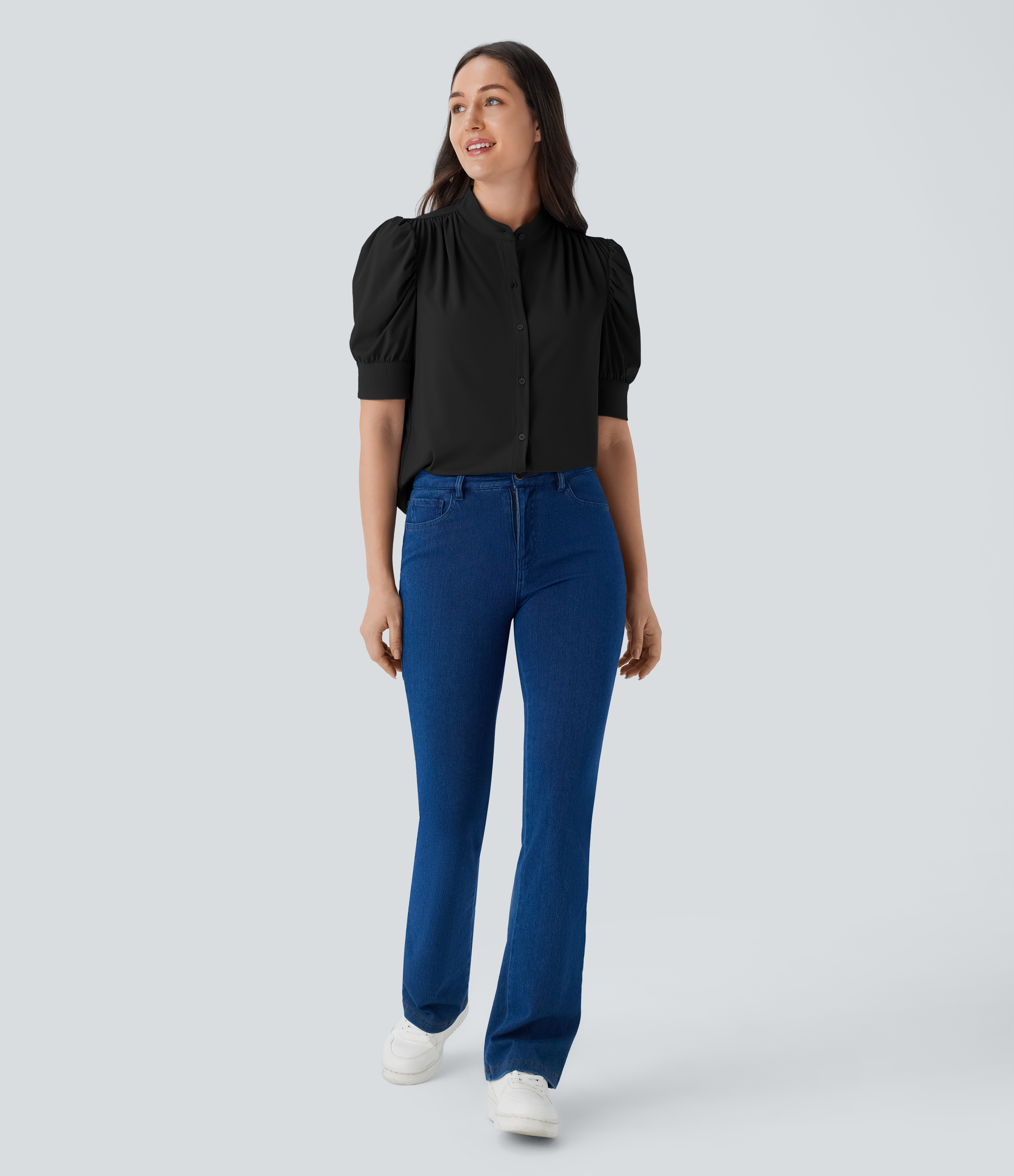 Halara Softlyzeroв„ў Airy Stand Collar Puff Half Sleeve Button Cool Touch Casual Blouse  - Black - L 