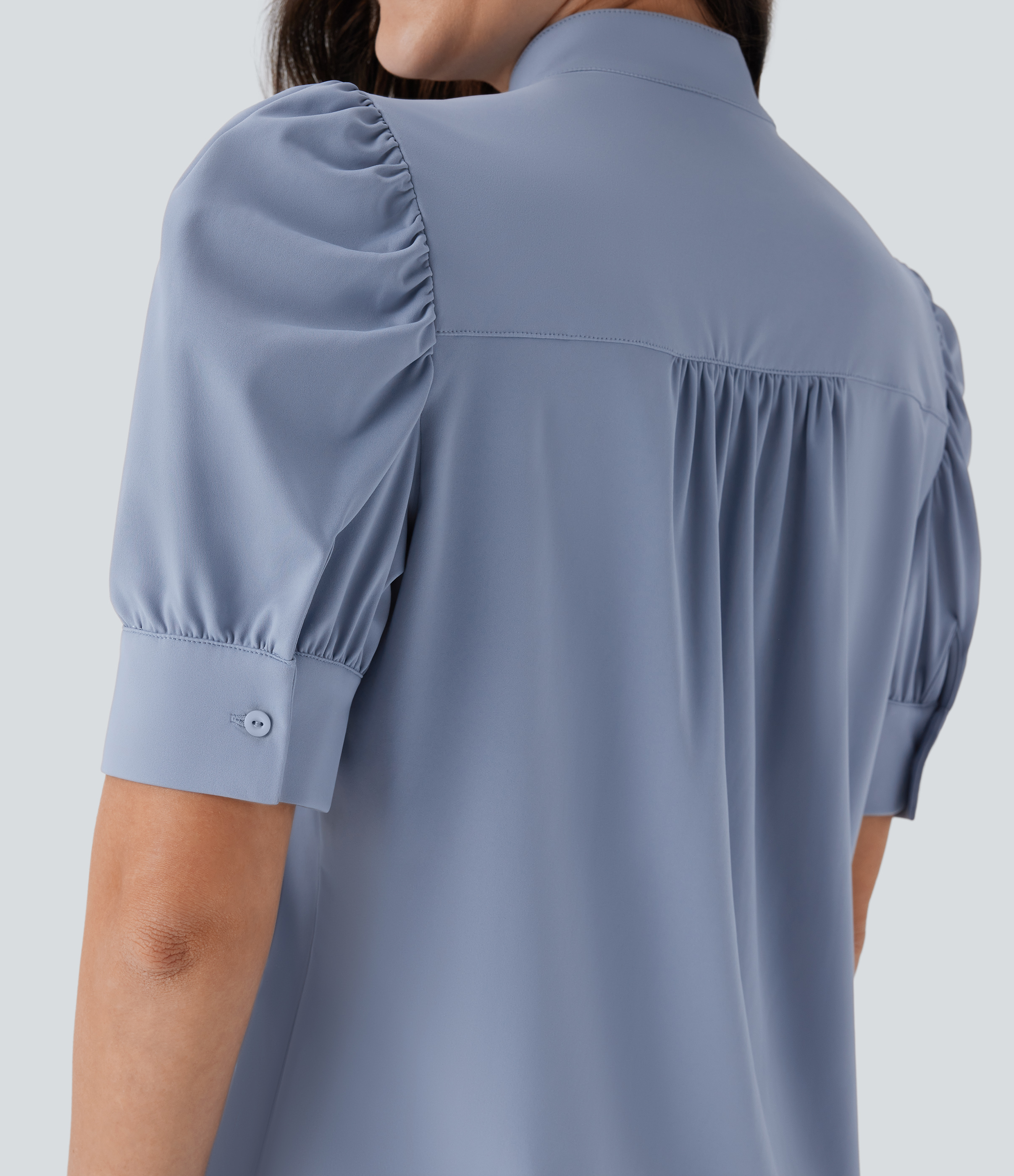 Halara Softlyzeroв„ў Airy Stand Collar Puff Half Sleeve Button Cool Touch Casual Blouse  - Snowflake Blue - S 