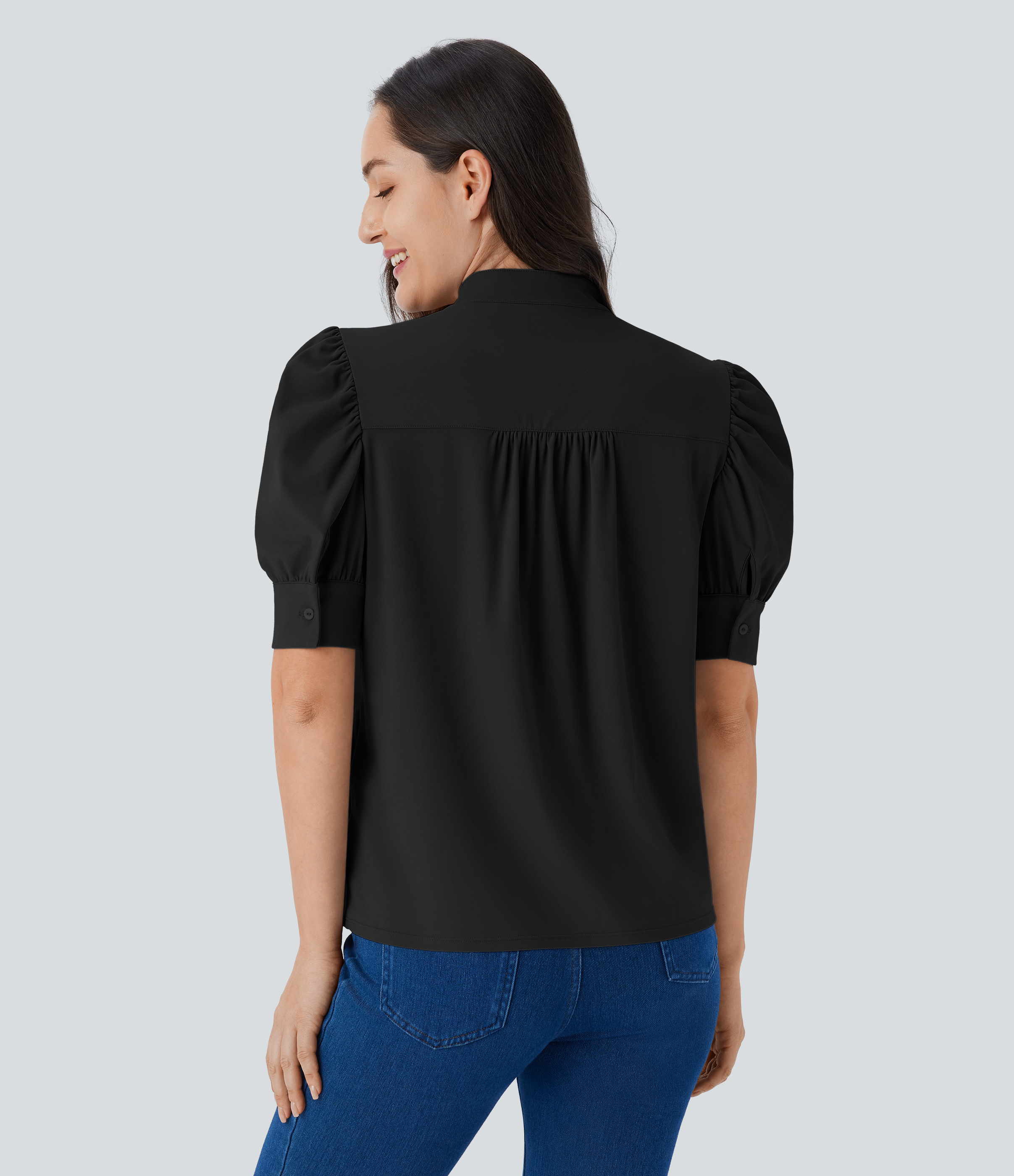 Halara Softlyzeroв„ў Airy Stand Collar Puff Half Sleeve Button Cool Touch Casual Blouse  - Black - L 