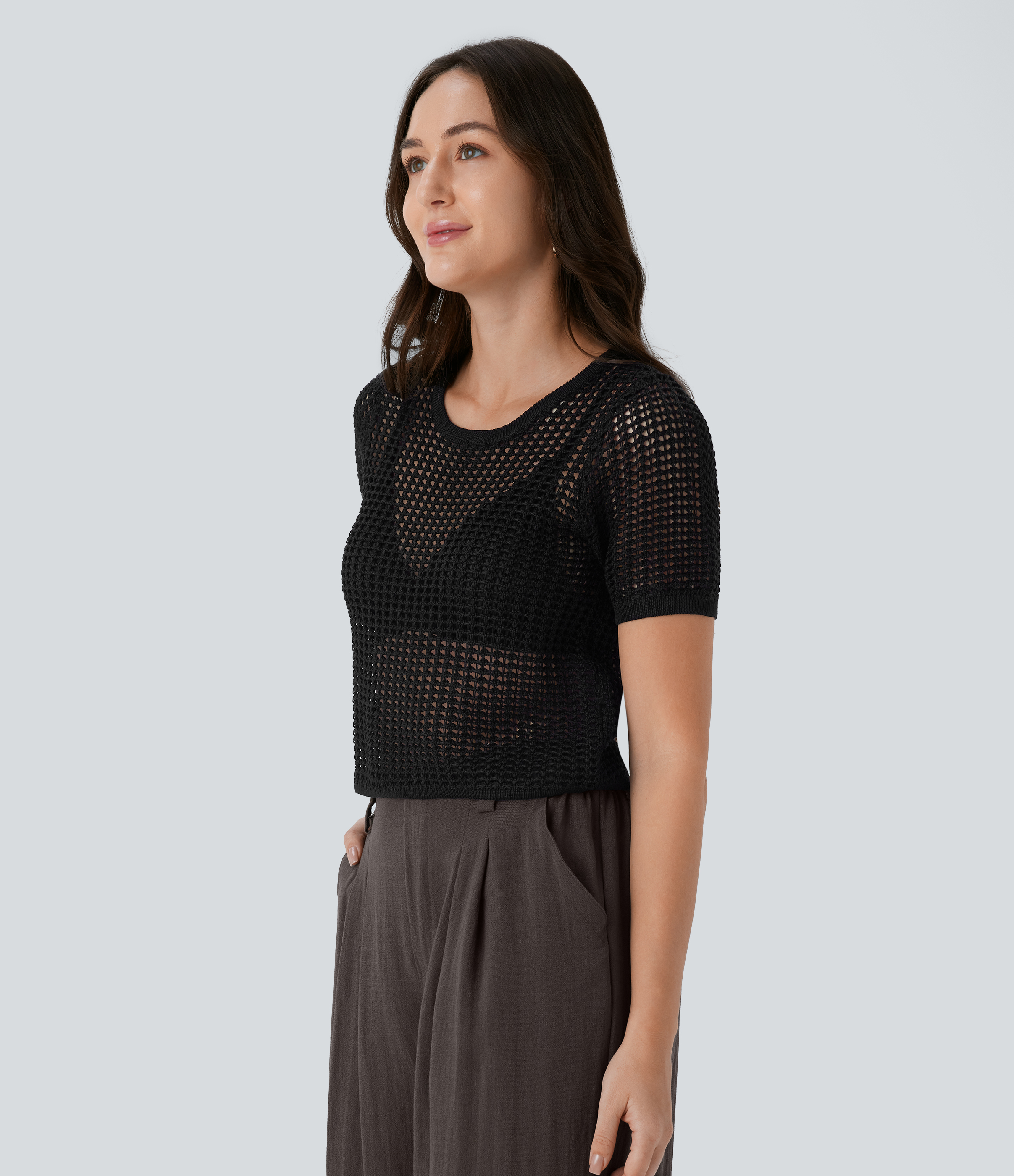 Halara Round Neck Short Sleeve Cut Out Resort Sweater  - Black - XS 