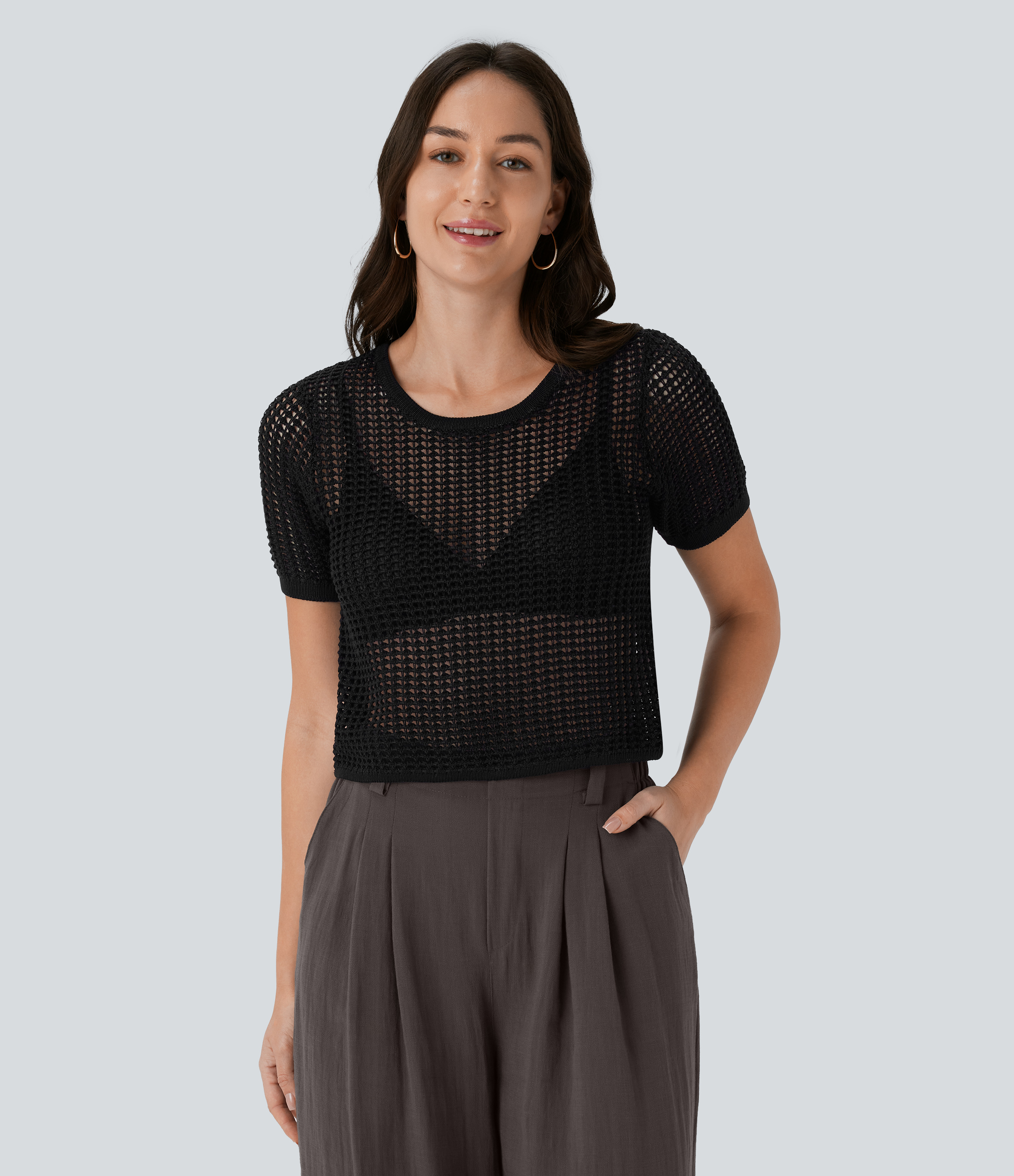 Halara Round Neck Short Sleeve Cut Out Resort Sweater  - Black - XS 