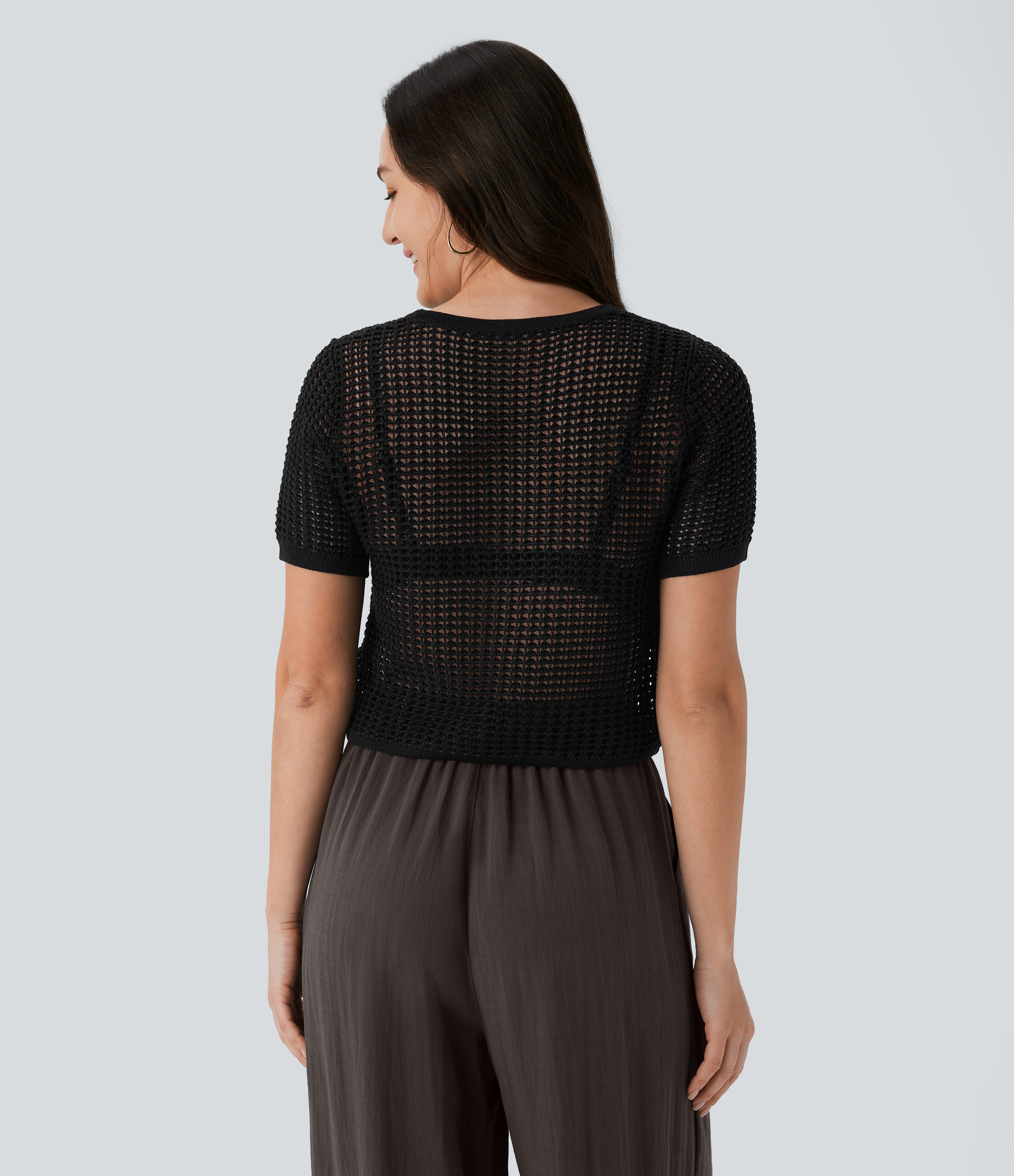 Halara Round Neck Short Sleeve Cut Out Resort Sweater  - Black - XS 