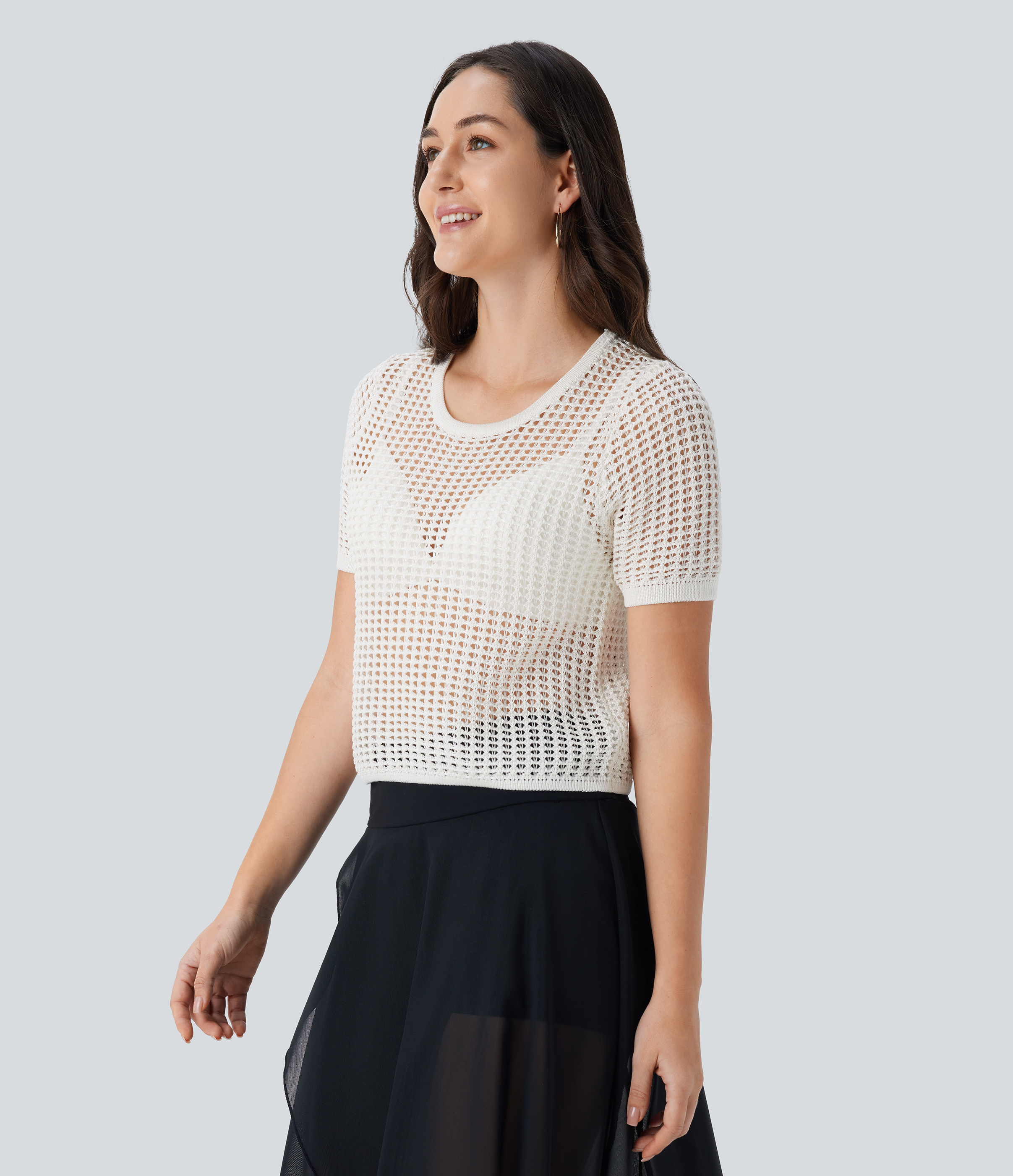 Halara Round Neck Short Sleeve Cut Out Resort Sweater  - White - M 