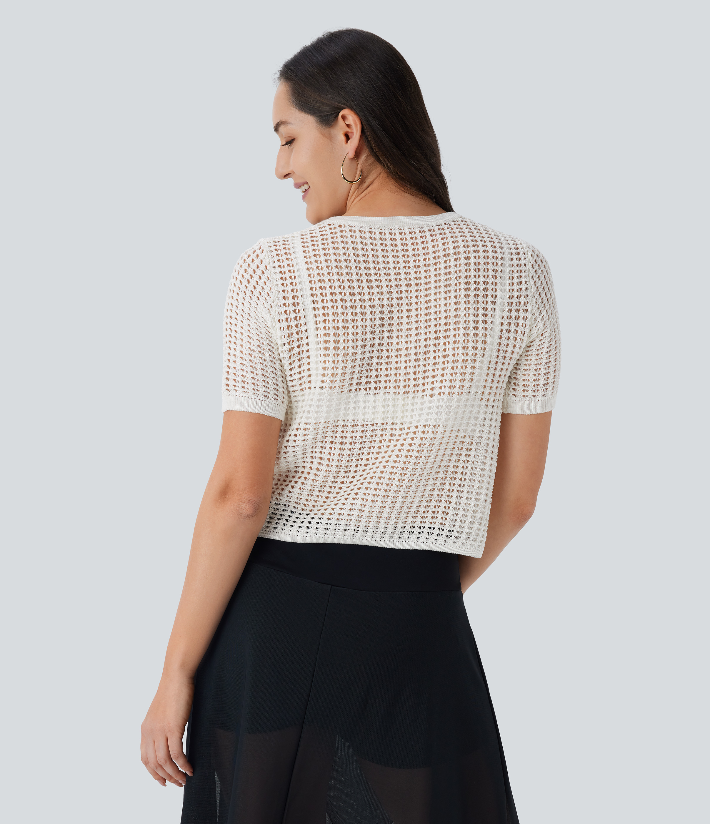 Halara Round Neck Short Sleeve Cut Out Resort Sweater  - White - M 