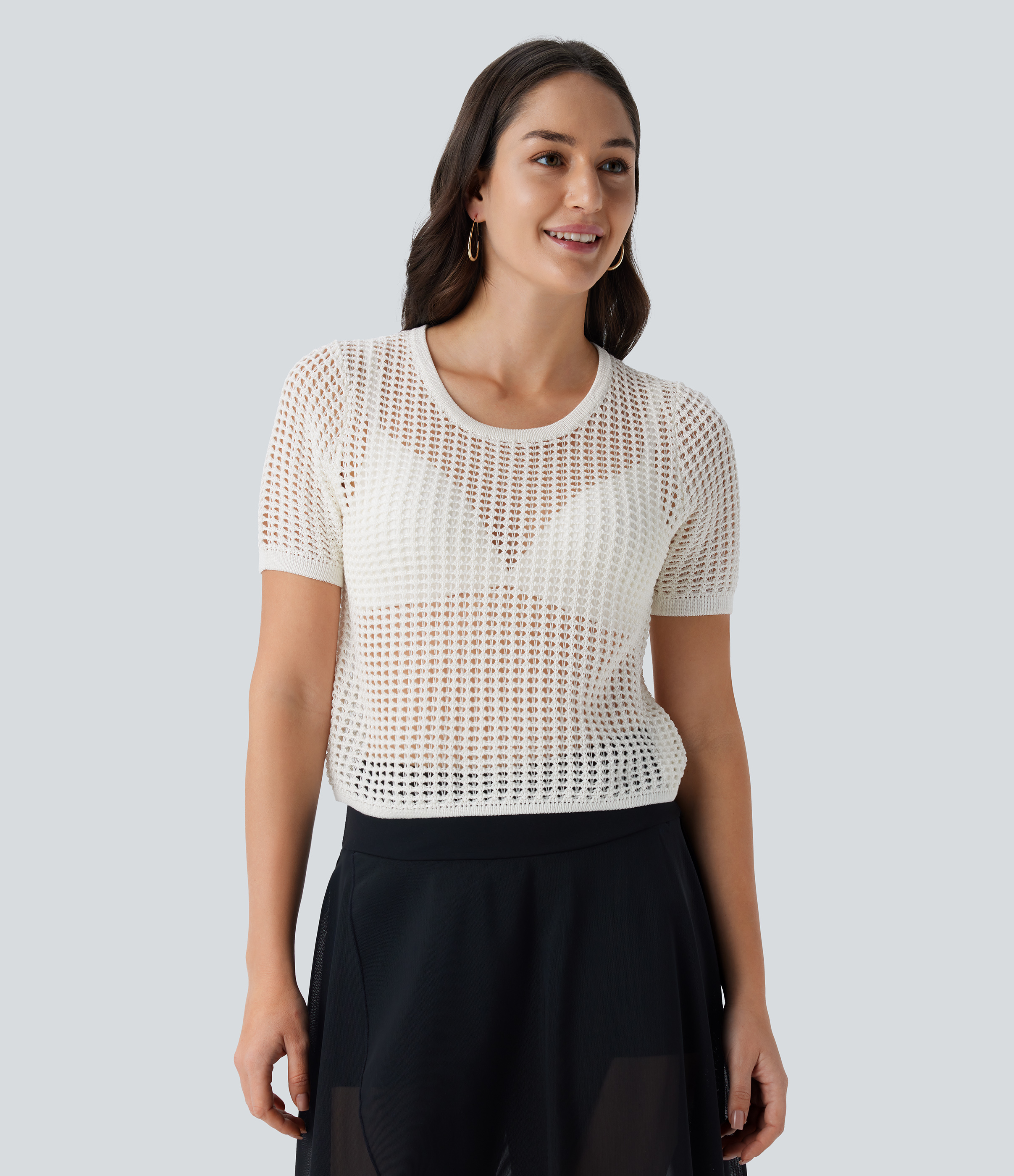 Halara Round Neck Short Sleeve Cut Out Resort Sweater  - White - M 