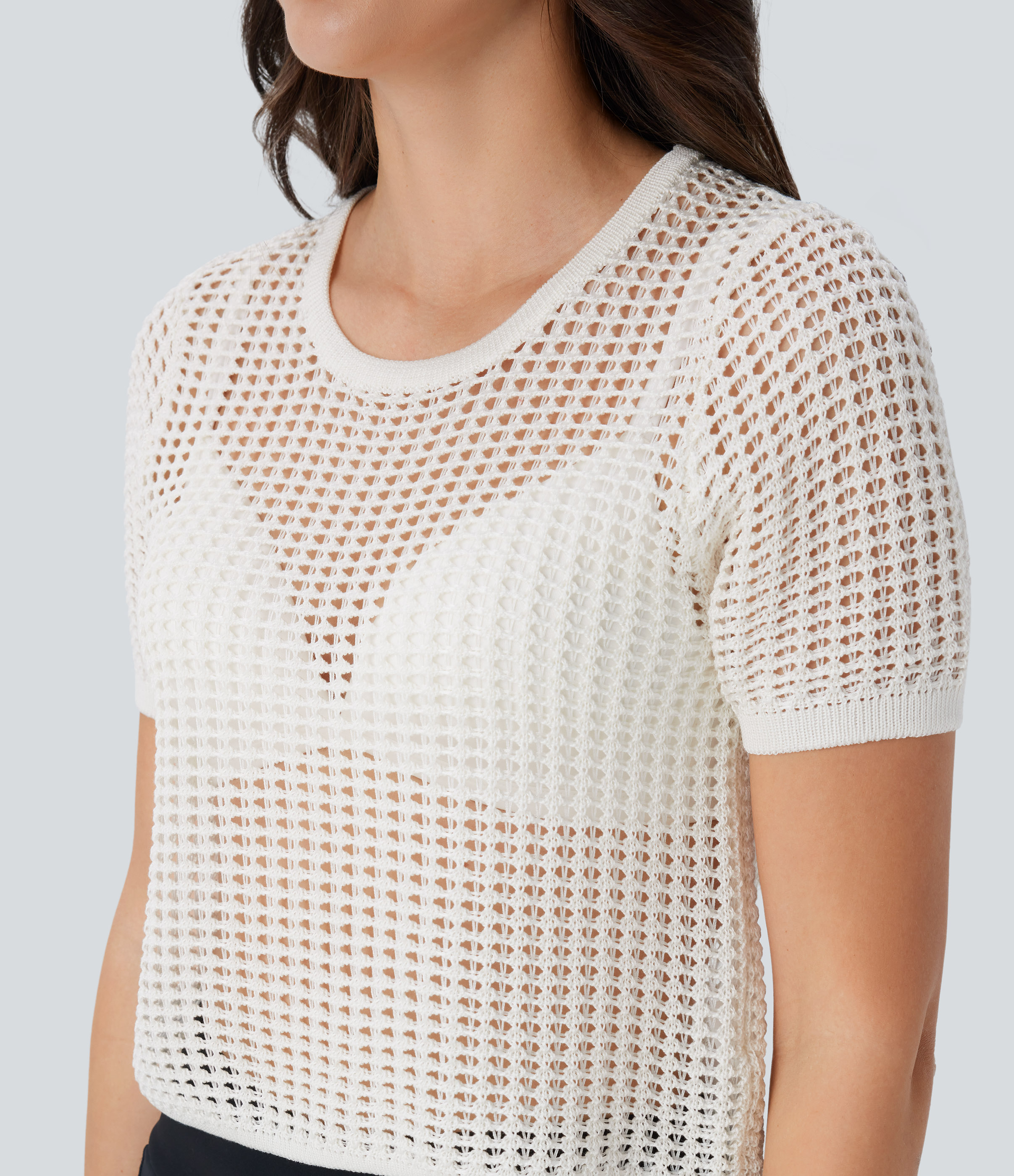Halara Round Neck Short Sleeve Cut Out Resort Sweater  - White - M 