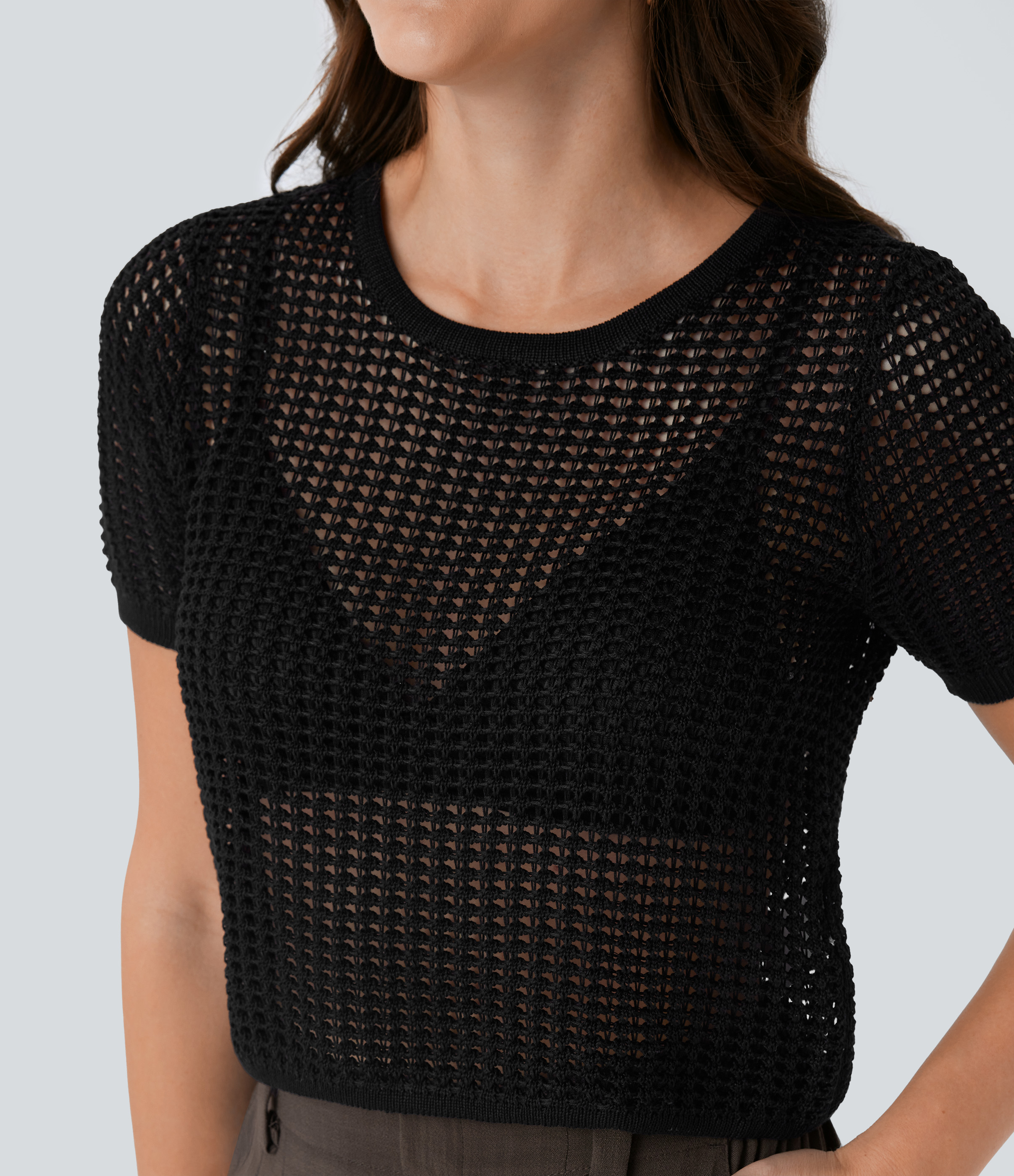 Halara Round Neck Short Sleeve Cut Out Resort Sweater  - Black - XS 