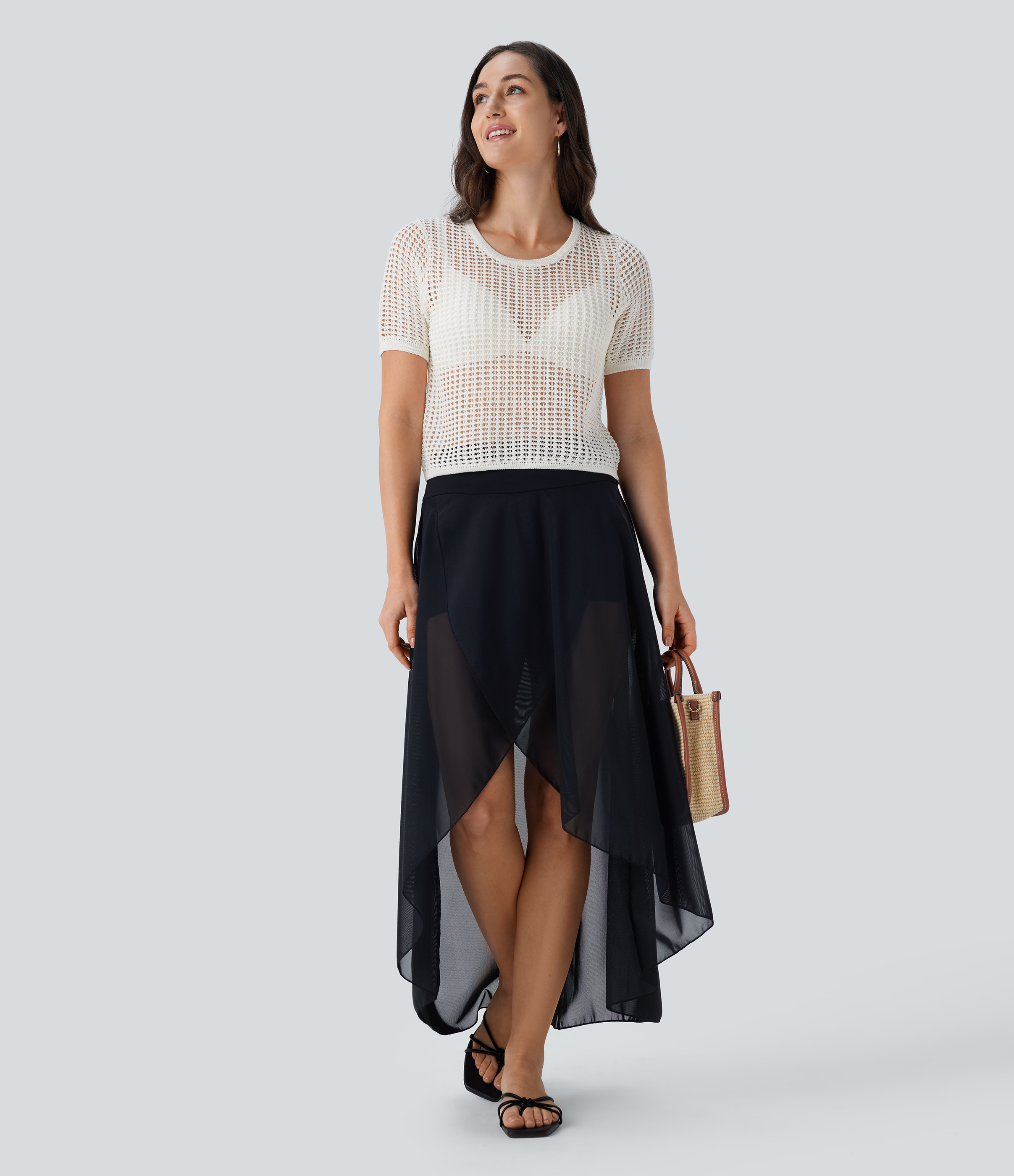 Halara Round Neck Short Sleeve Cut Out Resort Sweater  - White - M 