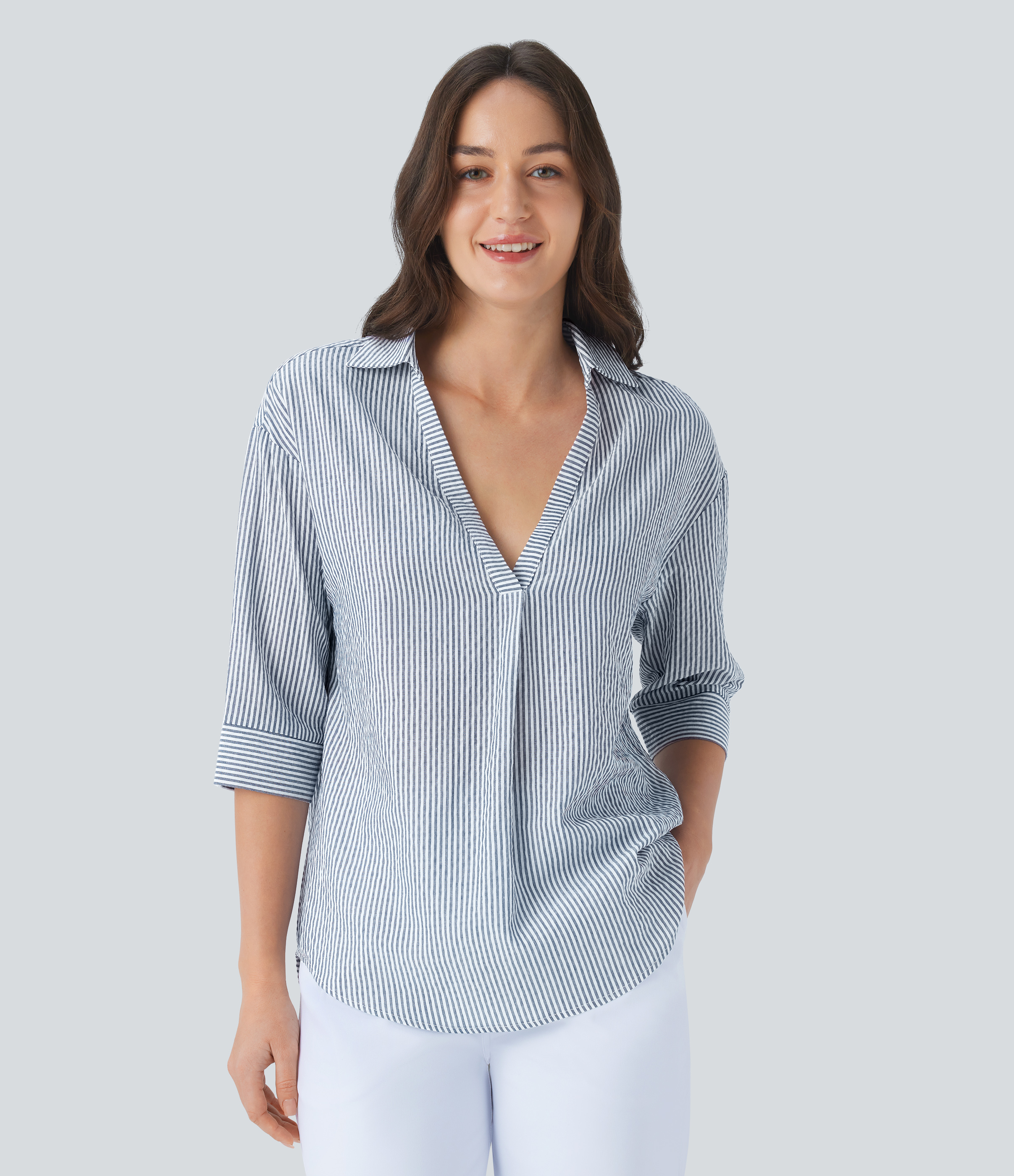 Halara Half Sleeve Curved Hem Stripe Work Blouse  - Azure White Stripe - L 