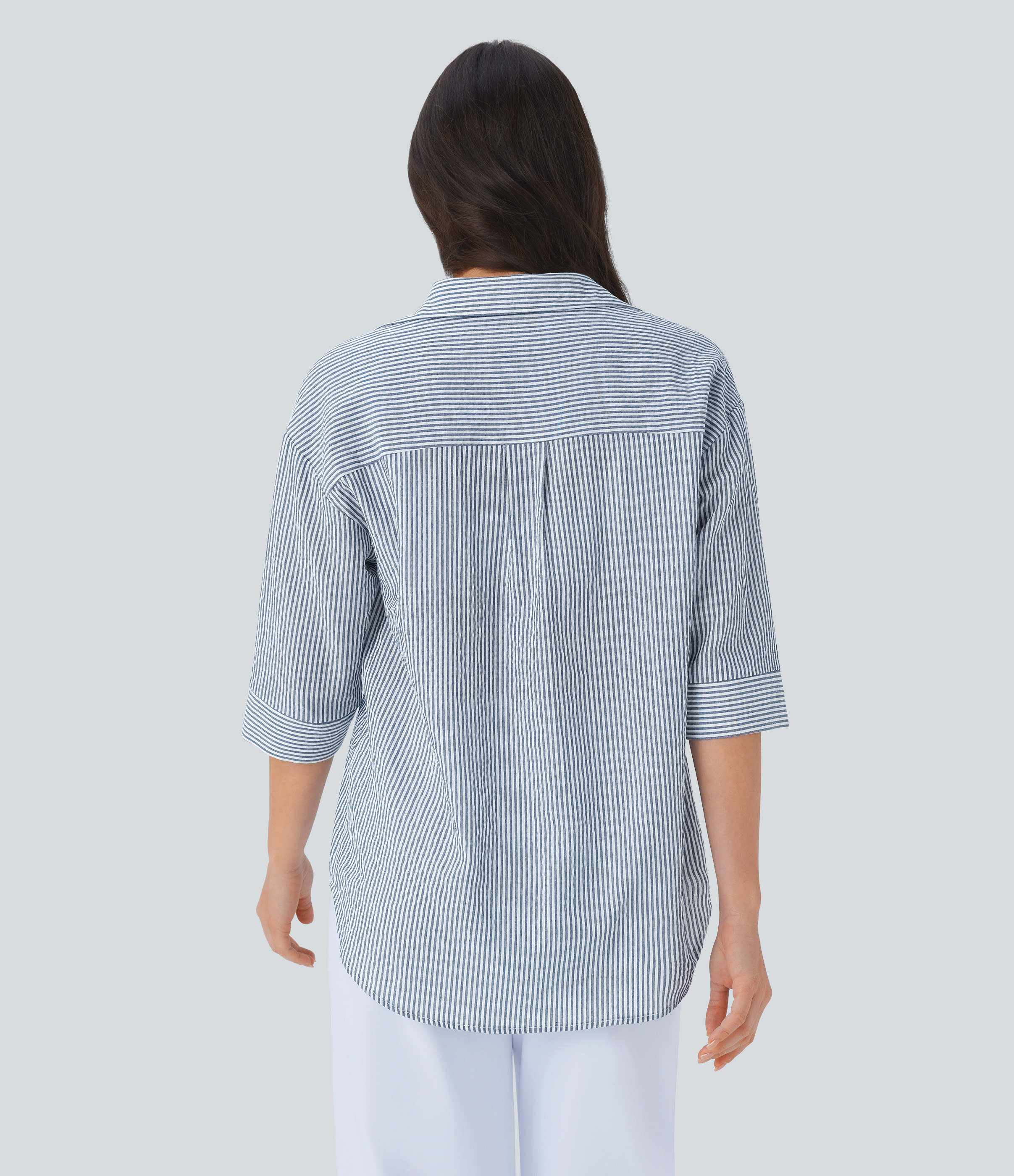 Halara Half Sleeve Curved Hem Stripe Work Blouse  - Azure White Stripe - L 
