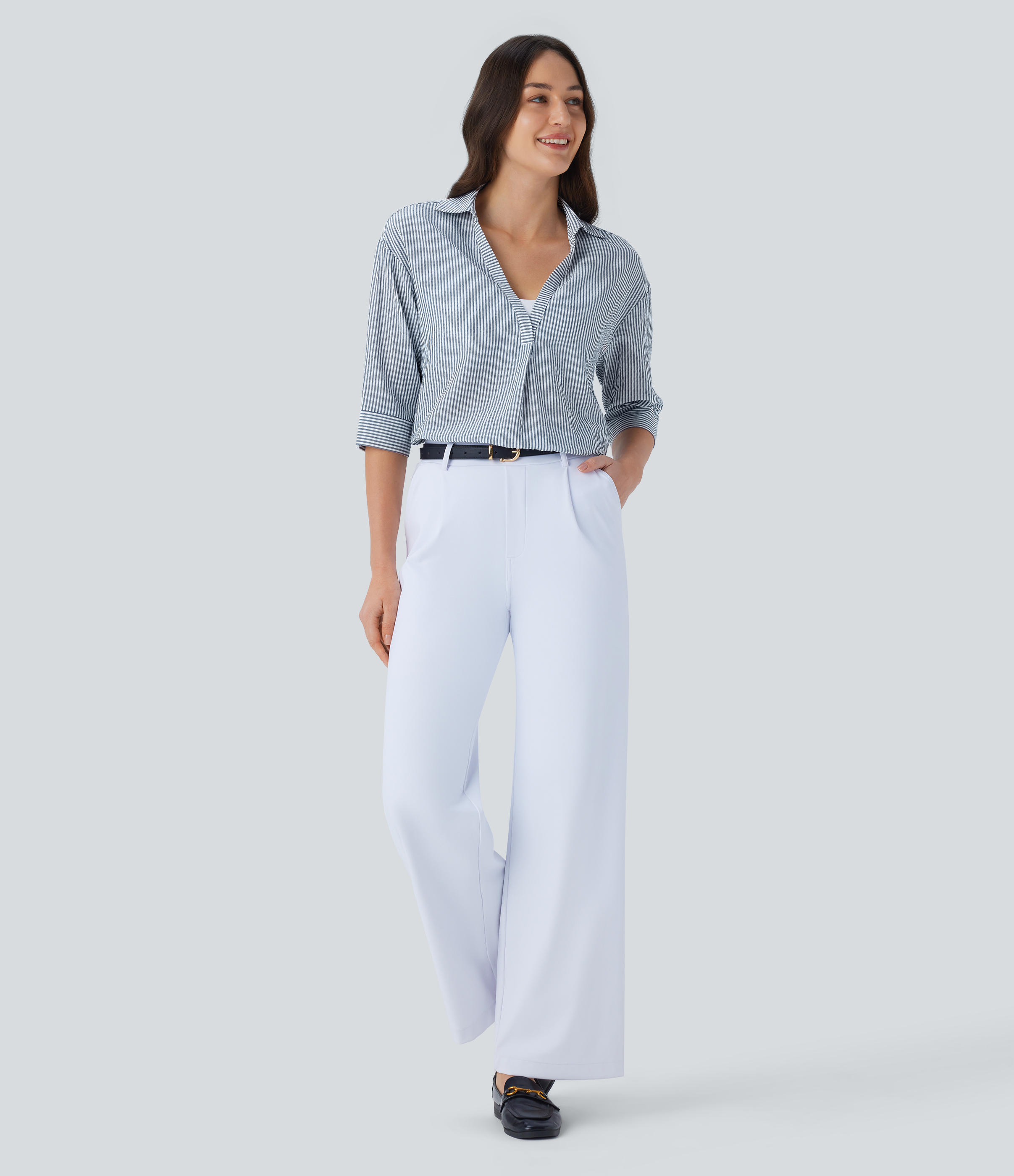 Halara Half Sleeve Curved Hem Stripe Work Blouse  - Azure White Stripe - L 