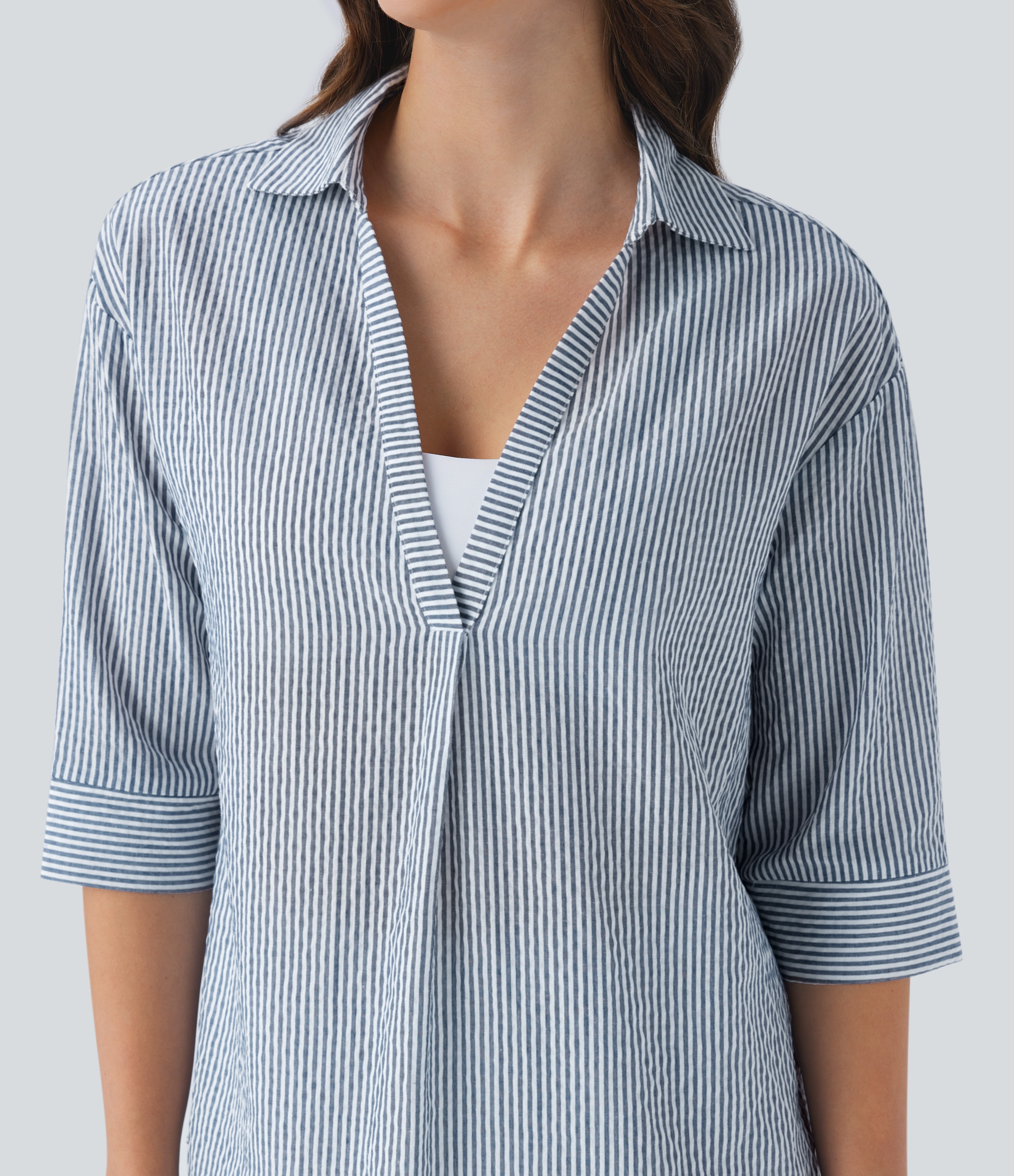Halara Half Sleeve Curved Hem Stripe Work Blouse  - Azure White Stripe - L 