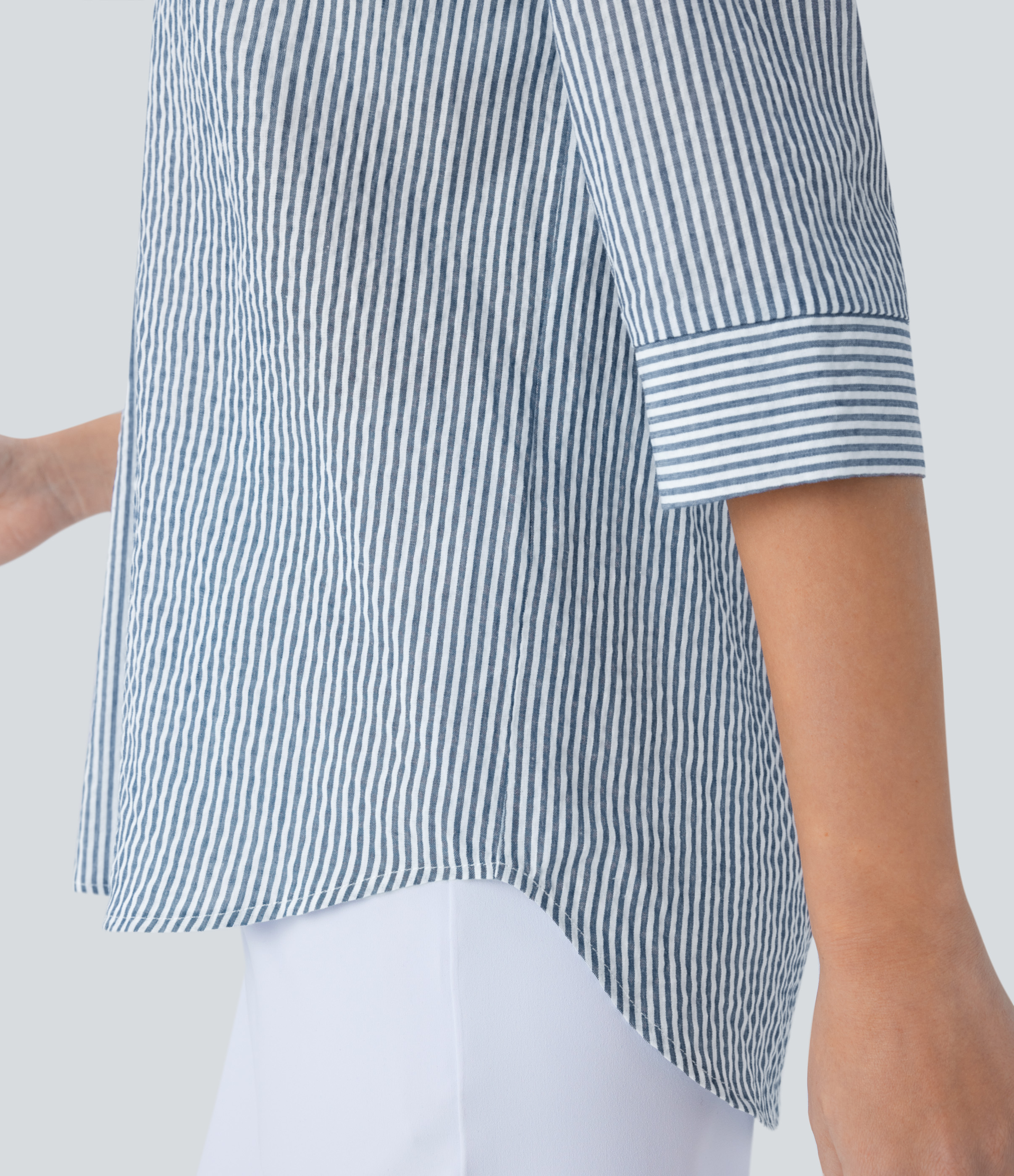 Halara Half Sleeve Curved Hem Stripe Work Blouse  - Azure White Stripe - L 