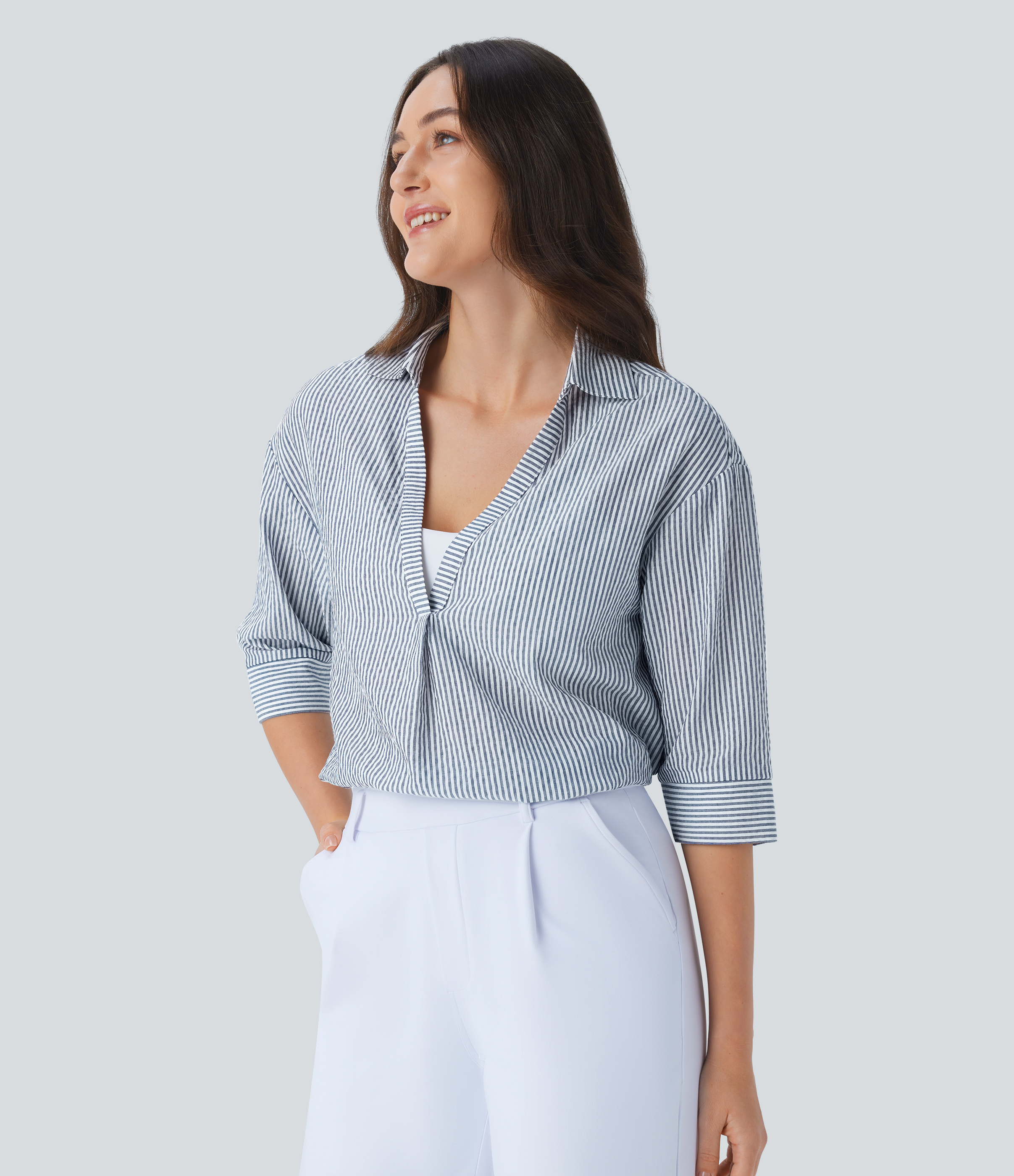 Halara Half Sleeve Curved Hem Stripe Work Blouse  - Azure White Stripe - L 