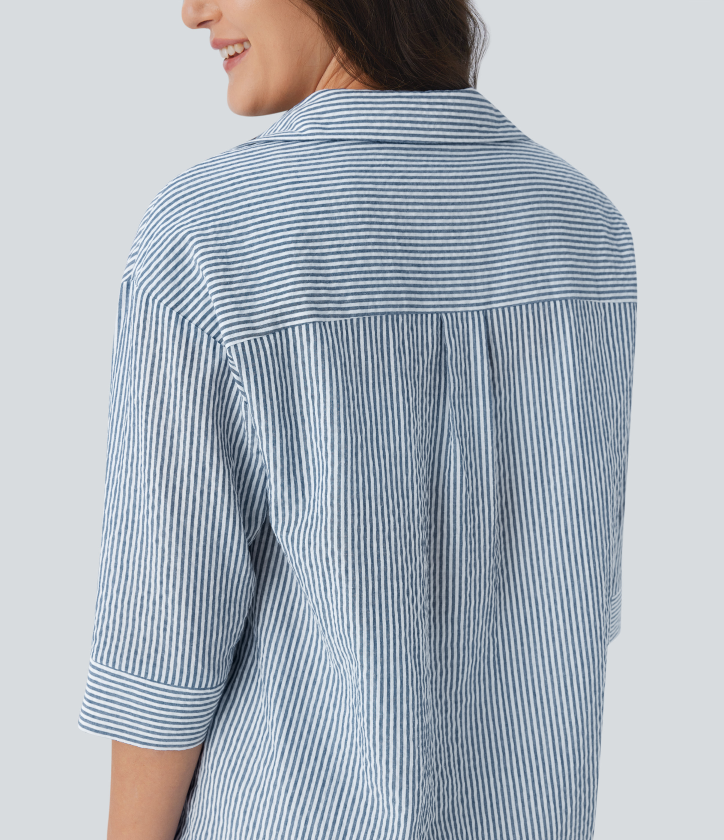 Halara Half Sleeve Curved Hem Stripe Work Blouse  - Azure White Stripe - L 