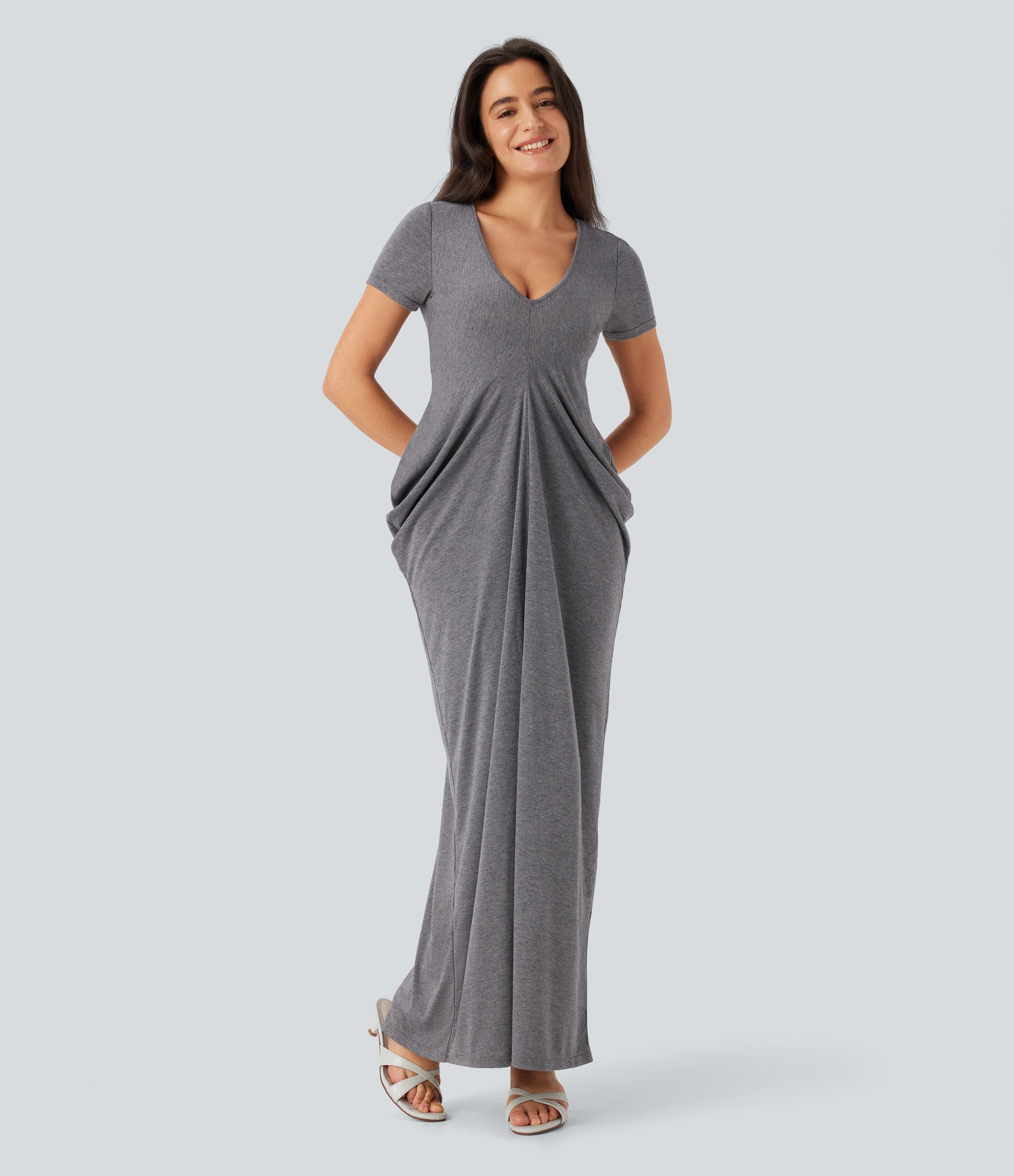Halara V Neck Short Sleeve Stacked Ruched Maxi Casual Dress Casual Dress - Darl Gray Floral Yarn - XL slip dress beach dress ruched dress 