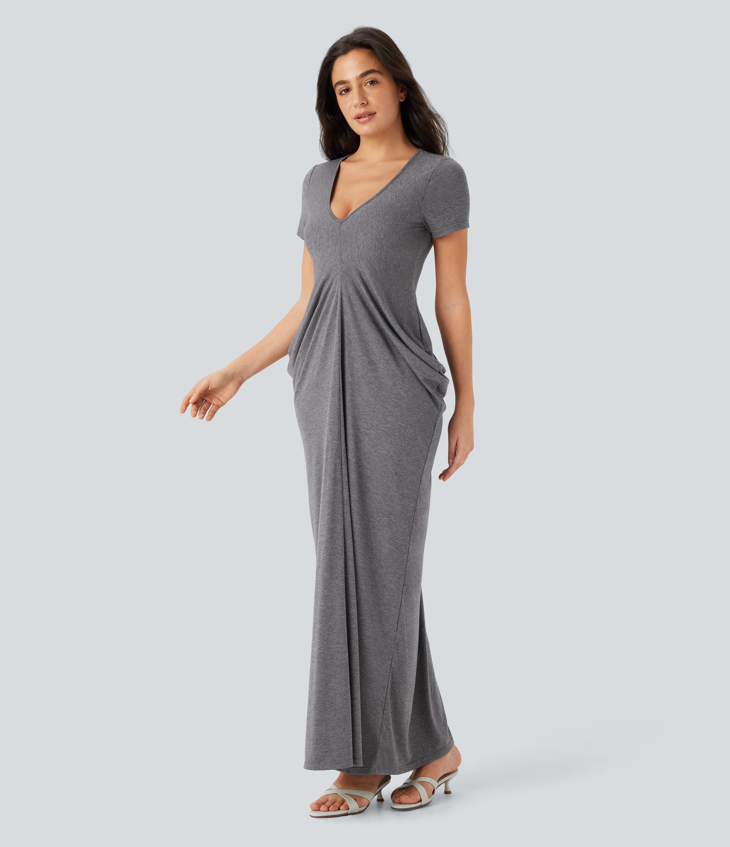 Halara V Neck Short Sleeve Stacked Ruched Maxi Casual Dress Casual Dress - Darl Gray Floral Yarn - XL slip dress beach dress ruched dress 