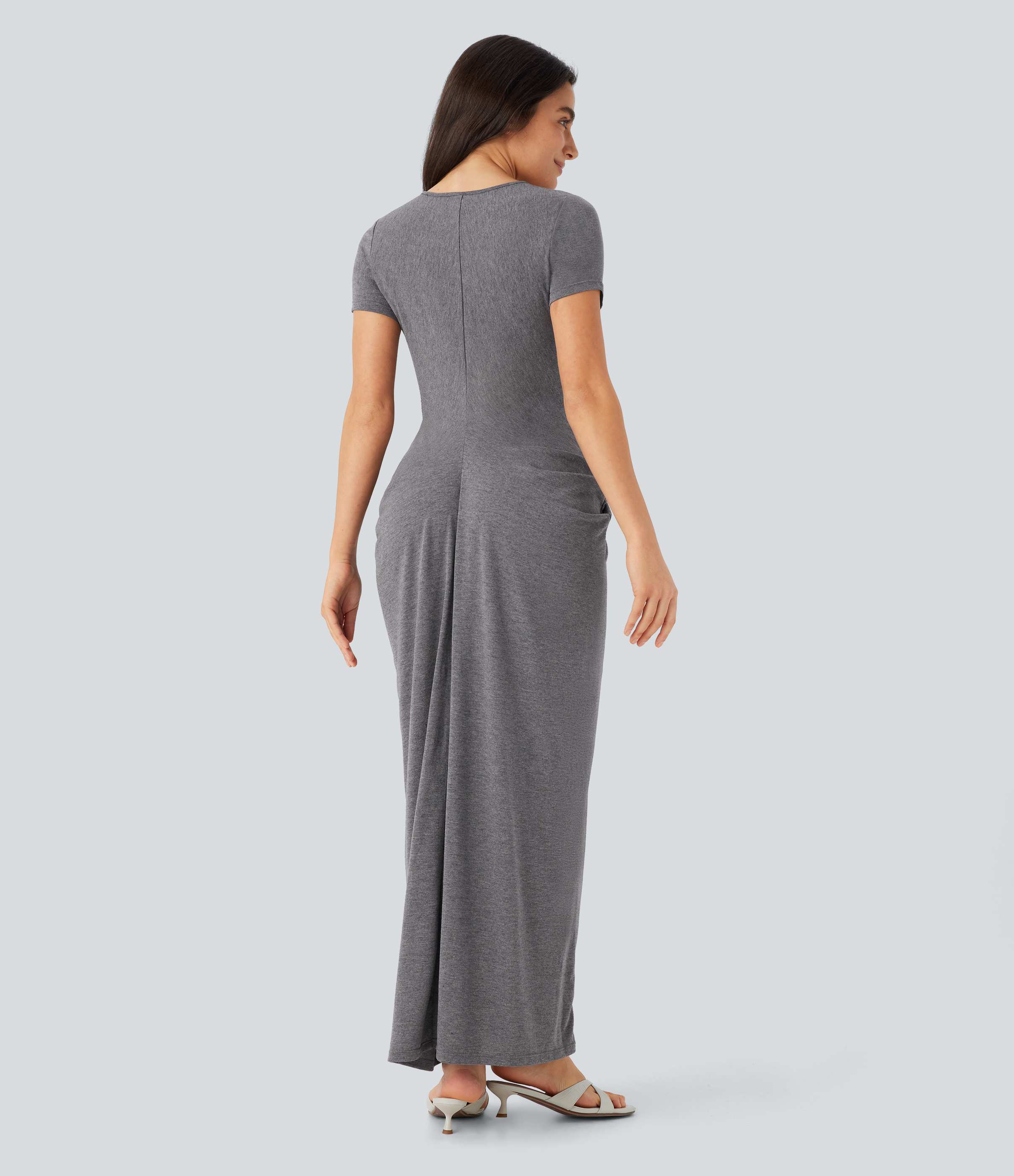 Halara V Neck Short Sleeve Stacked Ruched Maxi Casual Dress Casual Dress - Darl Gray Floral Yarn - XL slip dress beach dress ruched dress 