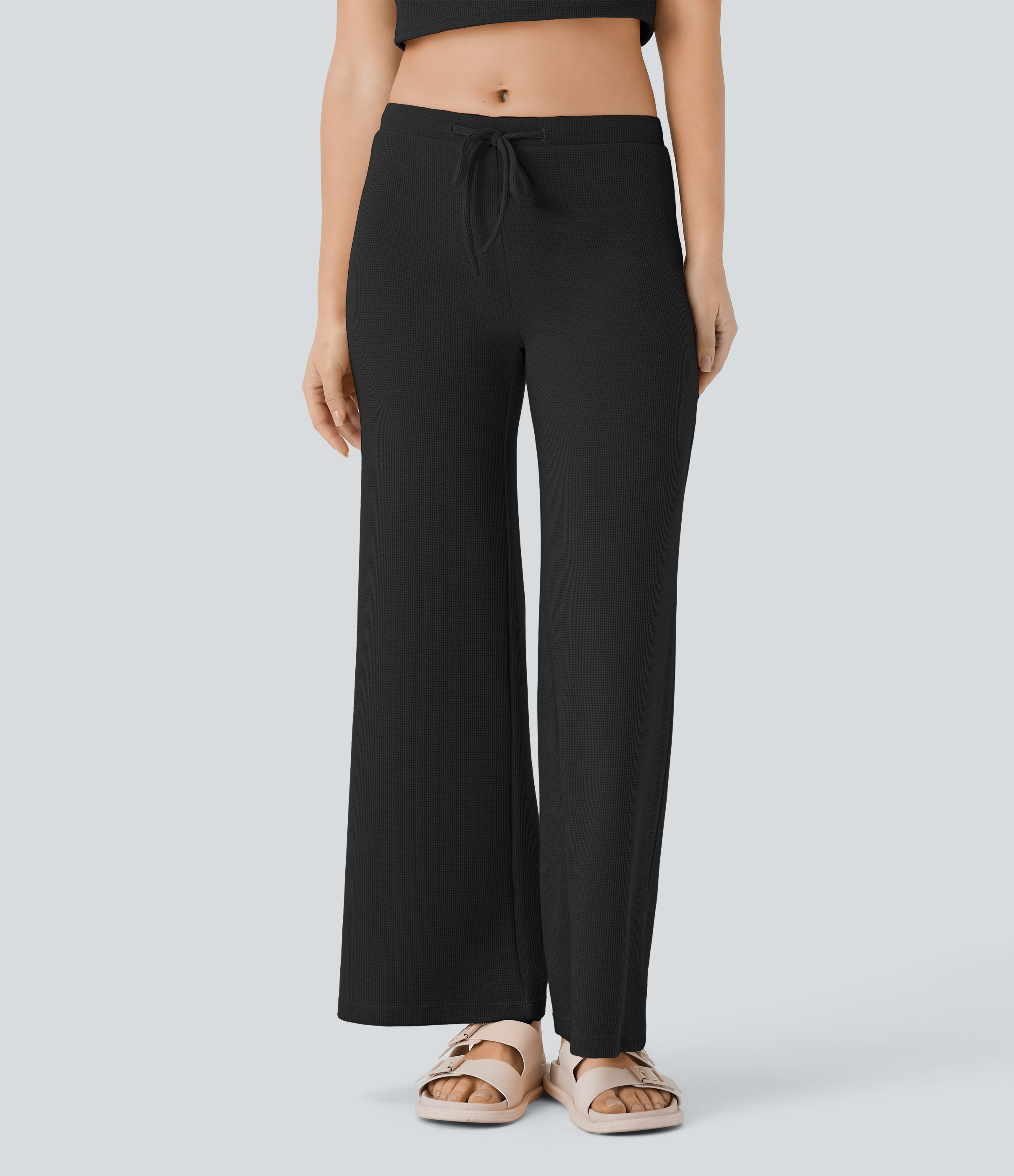 Halara Mid Rise Drawstring Straight Leg Waffle Lounge Pants  - Black - M(regular) 