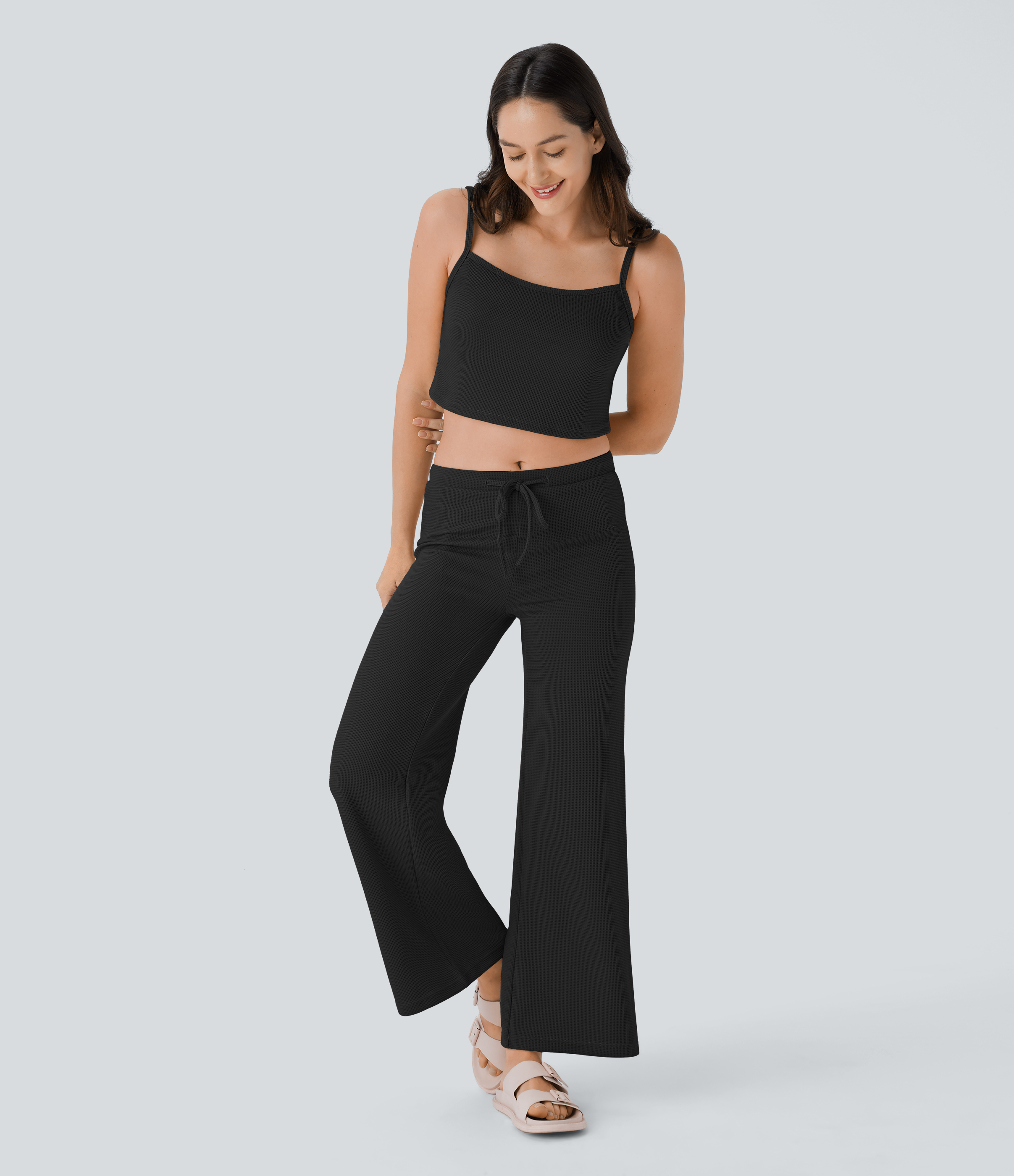 Halara Mid Rise Drawstring Straight Leg Waffle Lounge Pants  - Black - M(regular) 