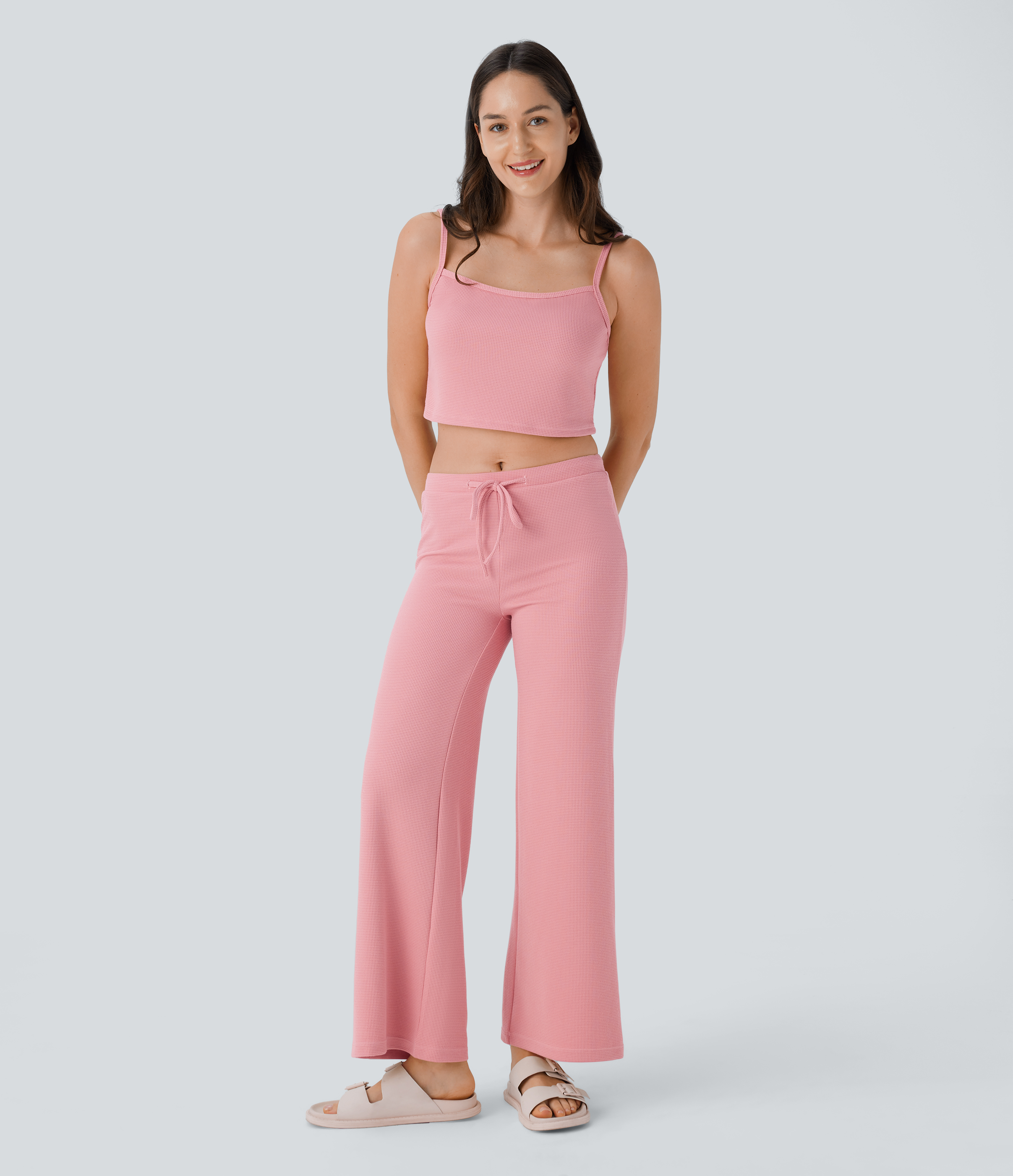 Halara Mid Rise Drawstring Straight Leg Waffle Lounge Pants  - Mellow Rose - S(regular) 