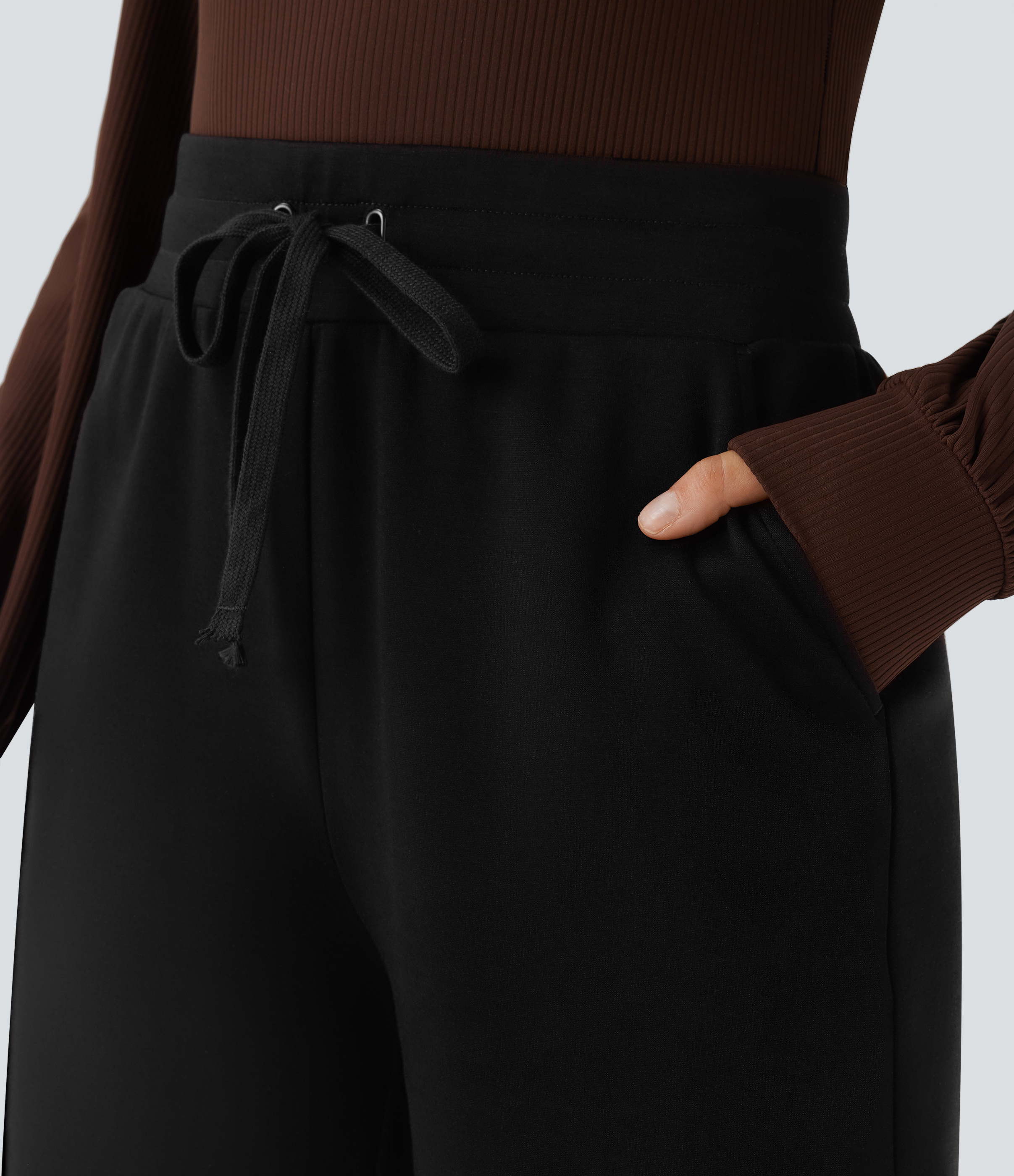 Halara High Waisted Drawstring Side Pocket Casual Bermuda Shorts 7``  - Black - M booty shorts compression shorts yoga shorts 
