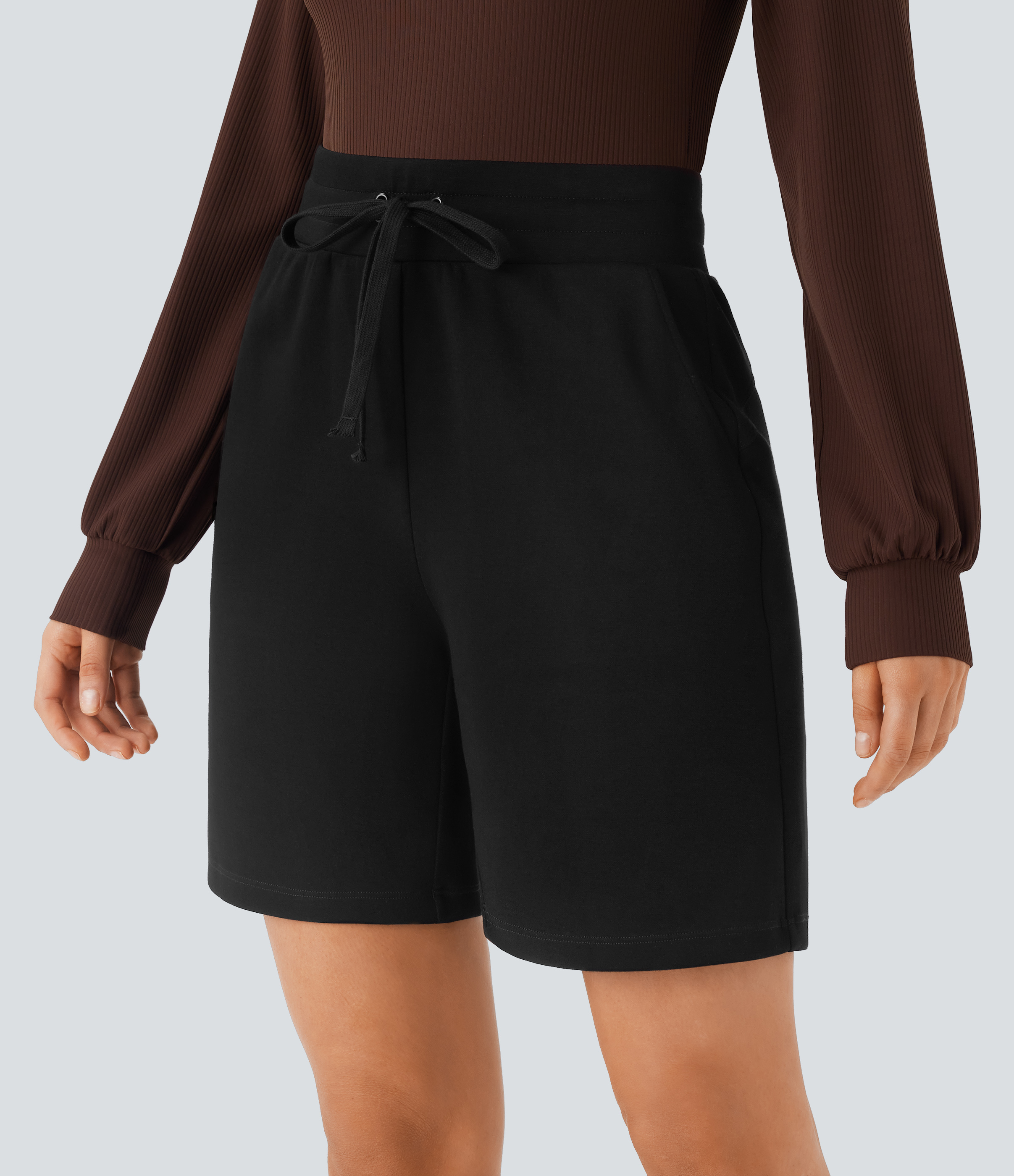 Halara High Waisted Drawstring Side Pocket Casual Bermuda Shorts 7``  - Black - M booty shorts compression shorts yoga shorts 