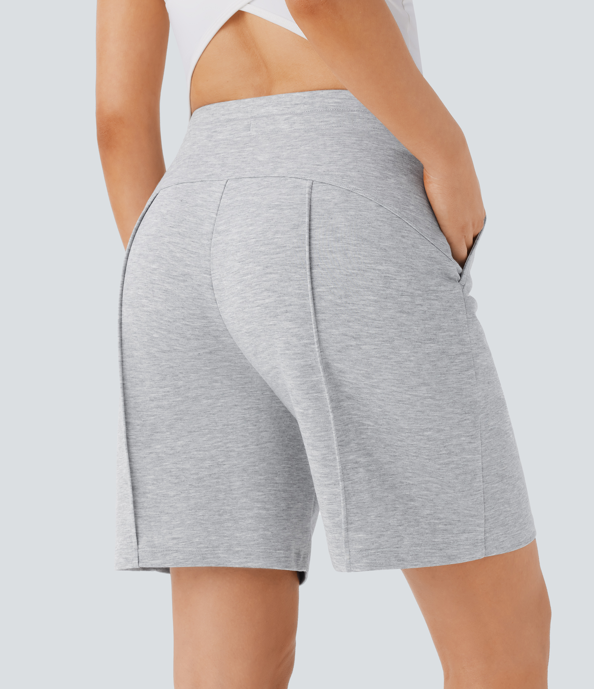 Halara High Waisted Drawstring Side Pocket Casual Bermuda Shorts 7``  - Fog Gray - XS booty shorts compression shorts yoga shorts 
