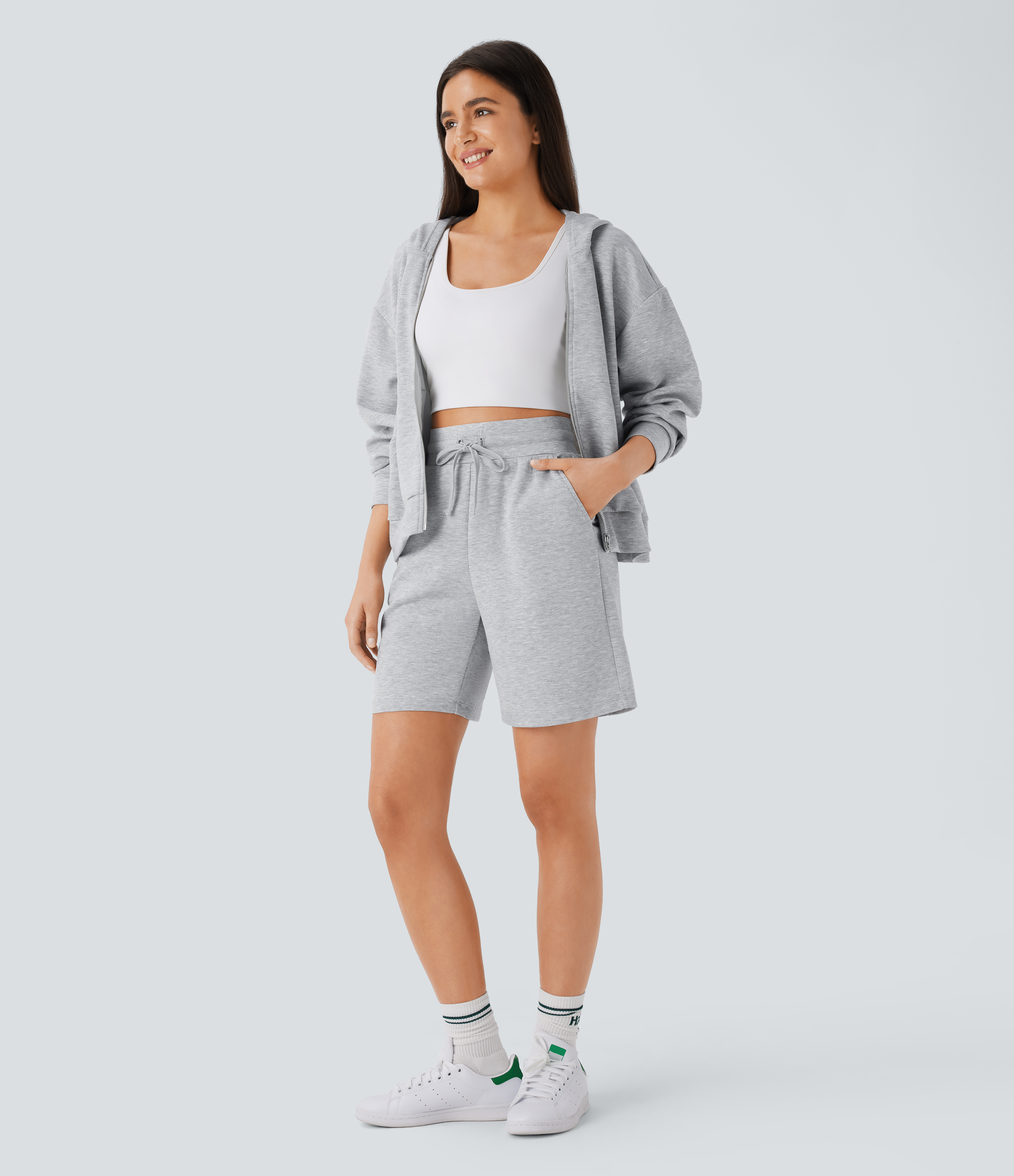 Halara High Waisted Drawstring Side Pocket Casual Bermuda Shorts 7``  - Fog Gray - XS booty shorts compression shorts yoga shorts 
