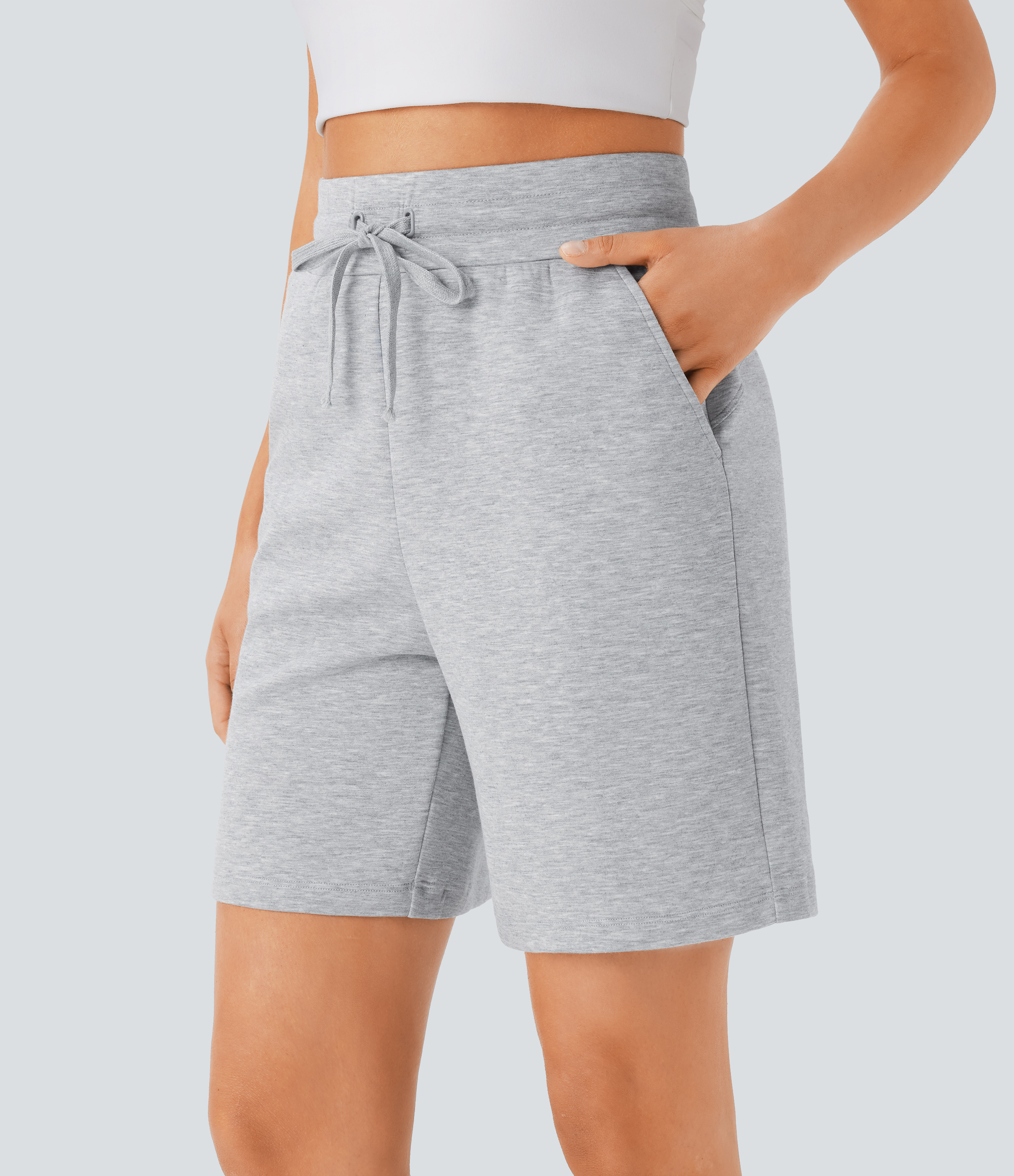 Halara High Waisted Drawstring Side Pocket Casual Bermuda Shorts 7``  - Fog Gray - XS booty shorts compression shorts yoga shorts 