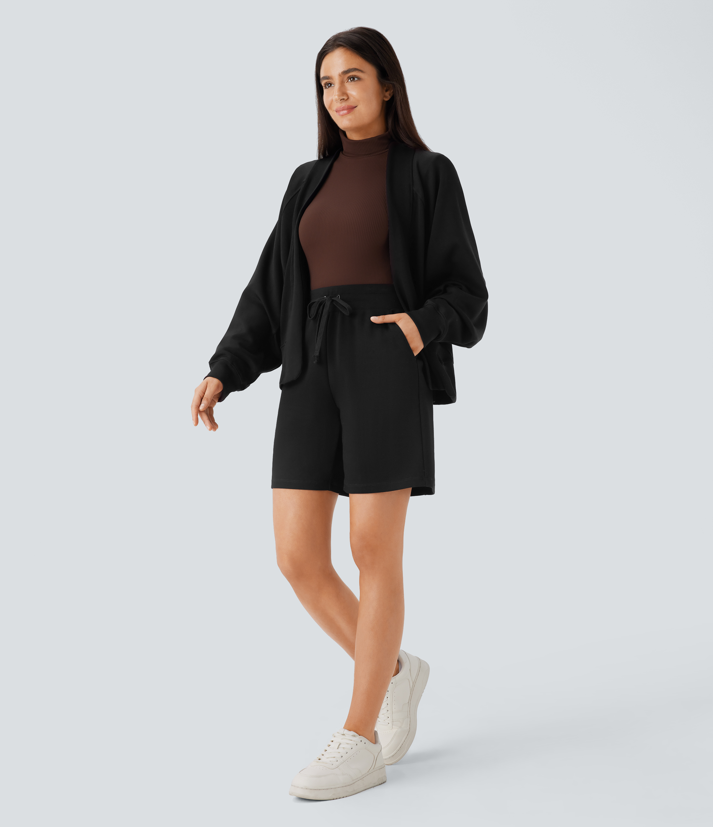 Halara High Waisted Drawstring Side Pocket Casual Bermuda Shorts 7``  - Black - M booty shorts compression shorts yoga shorts 