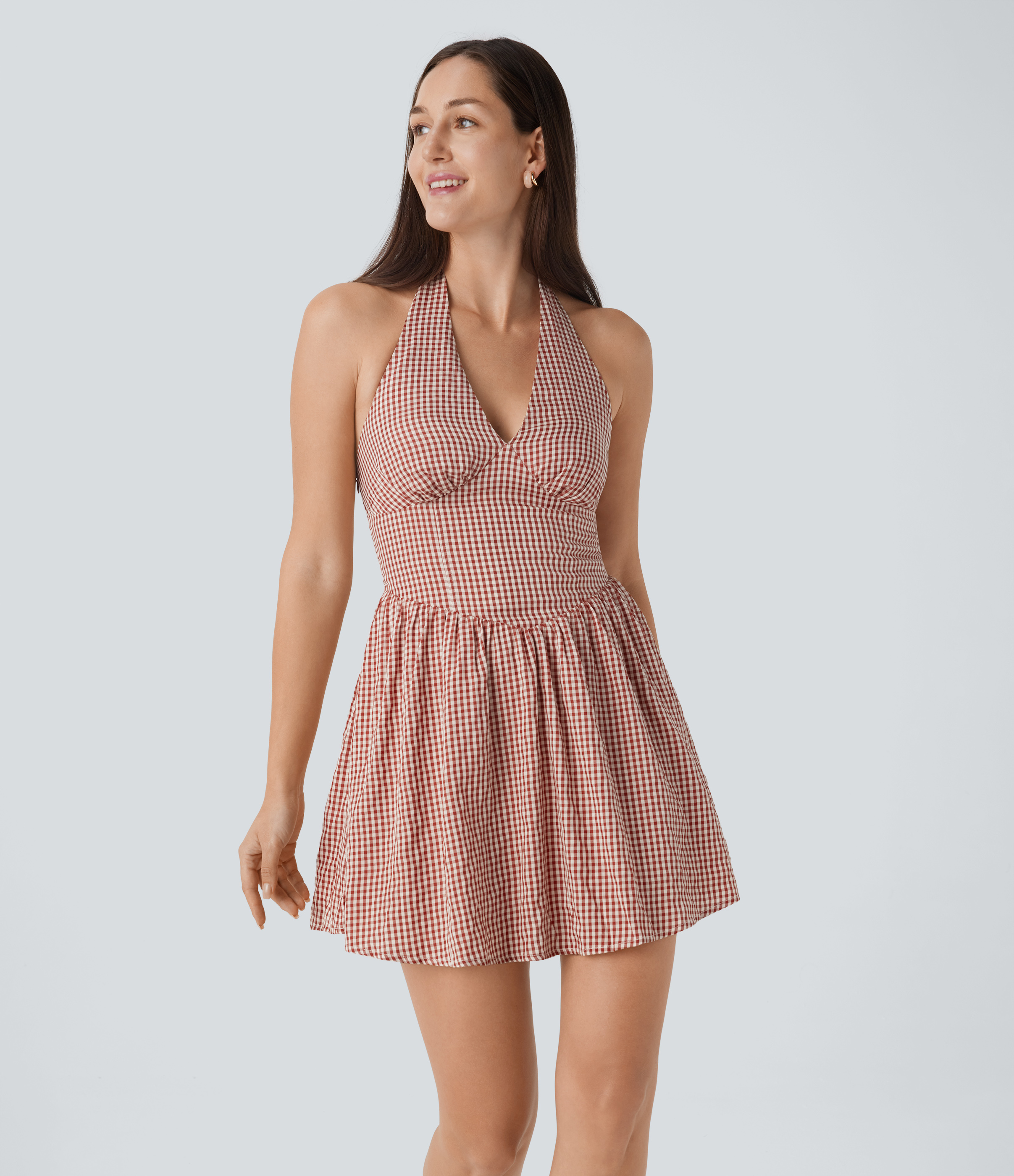 Halara V Neck Halter Backless Shirred Invisible Zipper Gingham Mini Resort Dress Casual Dress - Red White Bubble Grid - S slip dress 
