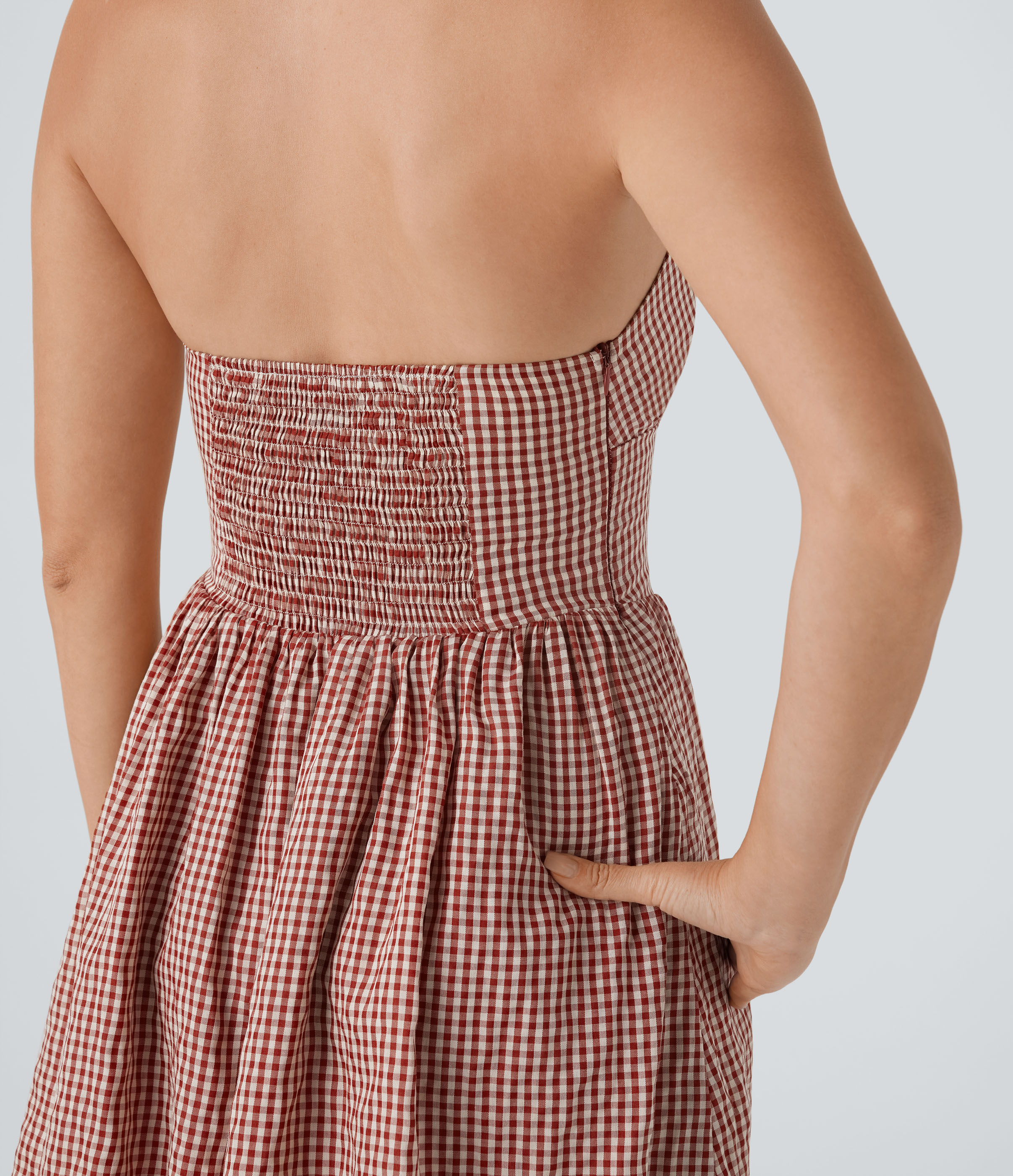 Halara V Neck Halter Backless Shirred Invisible Zipper Gingham Mini Resort Dress Casual Dress - Red White Bubble Grid - S slip dress 