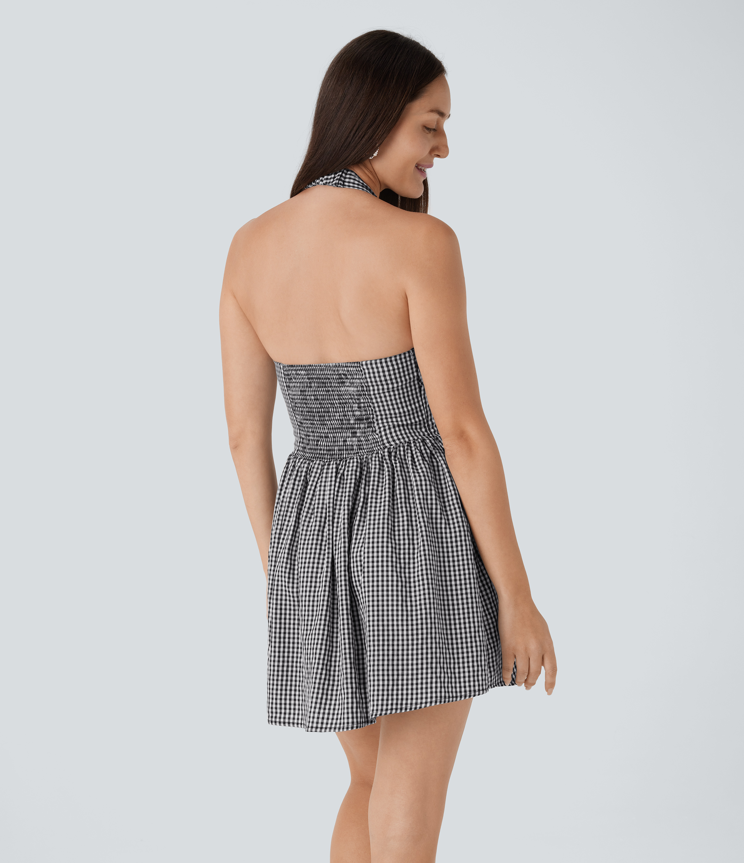 Black White Bubble Grid V Neck Halter Backless Shirred Invisible Zipper Gingham Mini Resort Dress / 2