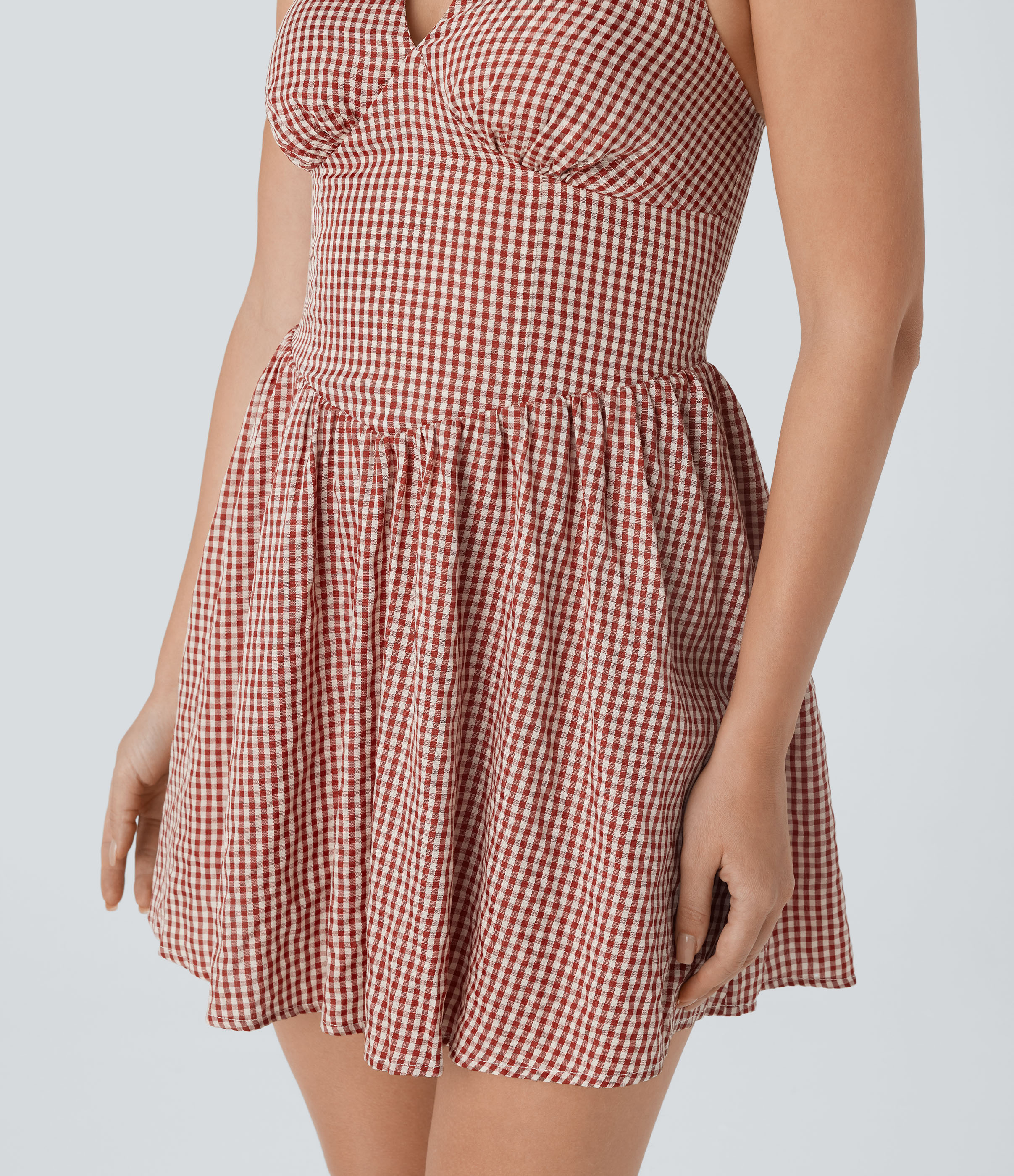Halara V Neck Halter Backless Shirred Invisible Zipper Gingham Mini Resort Dress Casual Dress - Red White Bubble Grid - S slip dress 