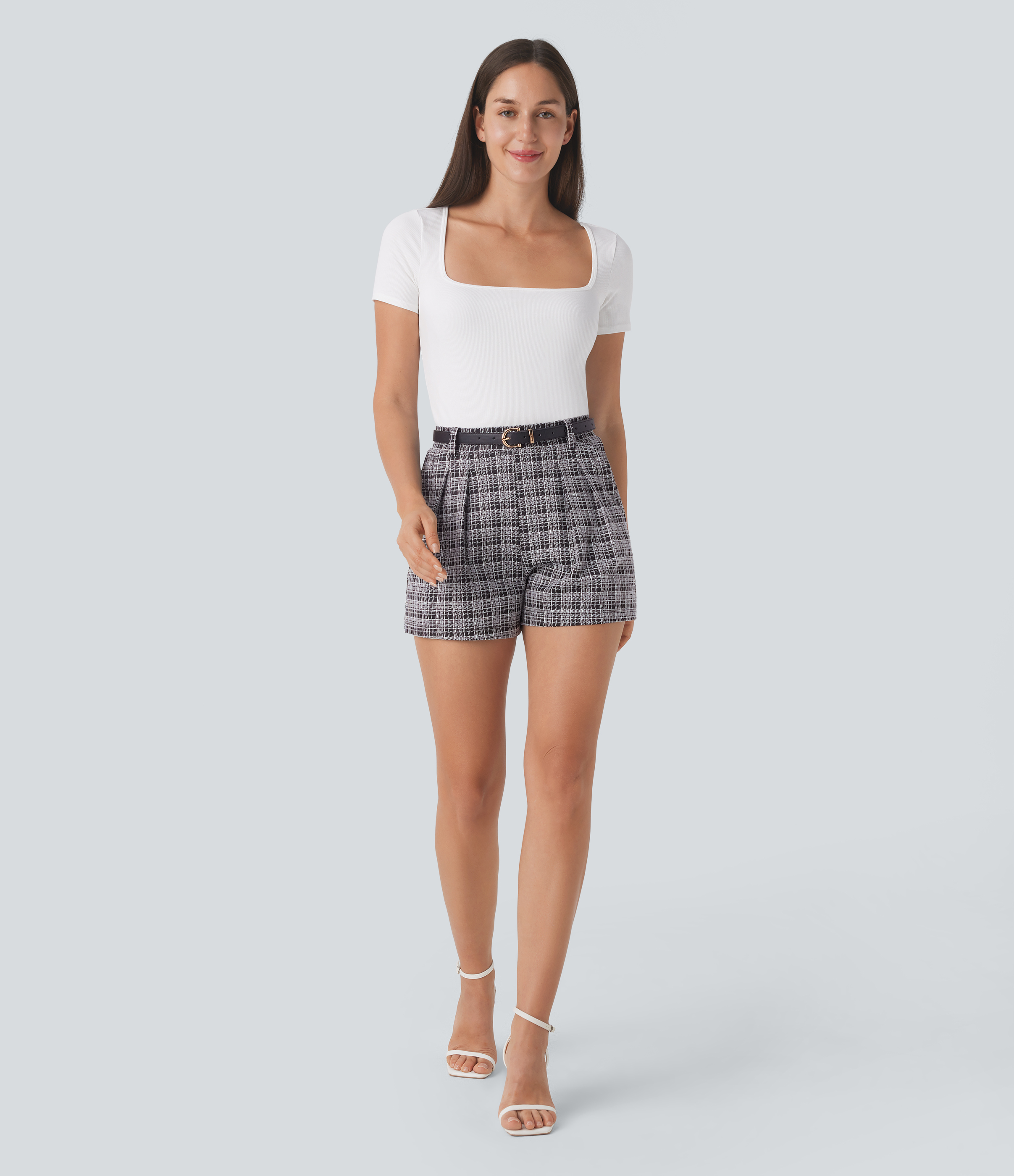 Halara High Waisted Side Pocket Plaid Work Shorts  - Black White Plaid Pattern - XS booty shorts compression shorts yoga shorts 